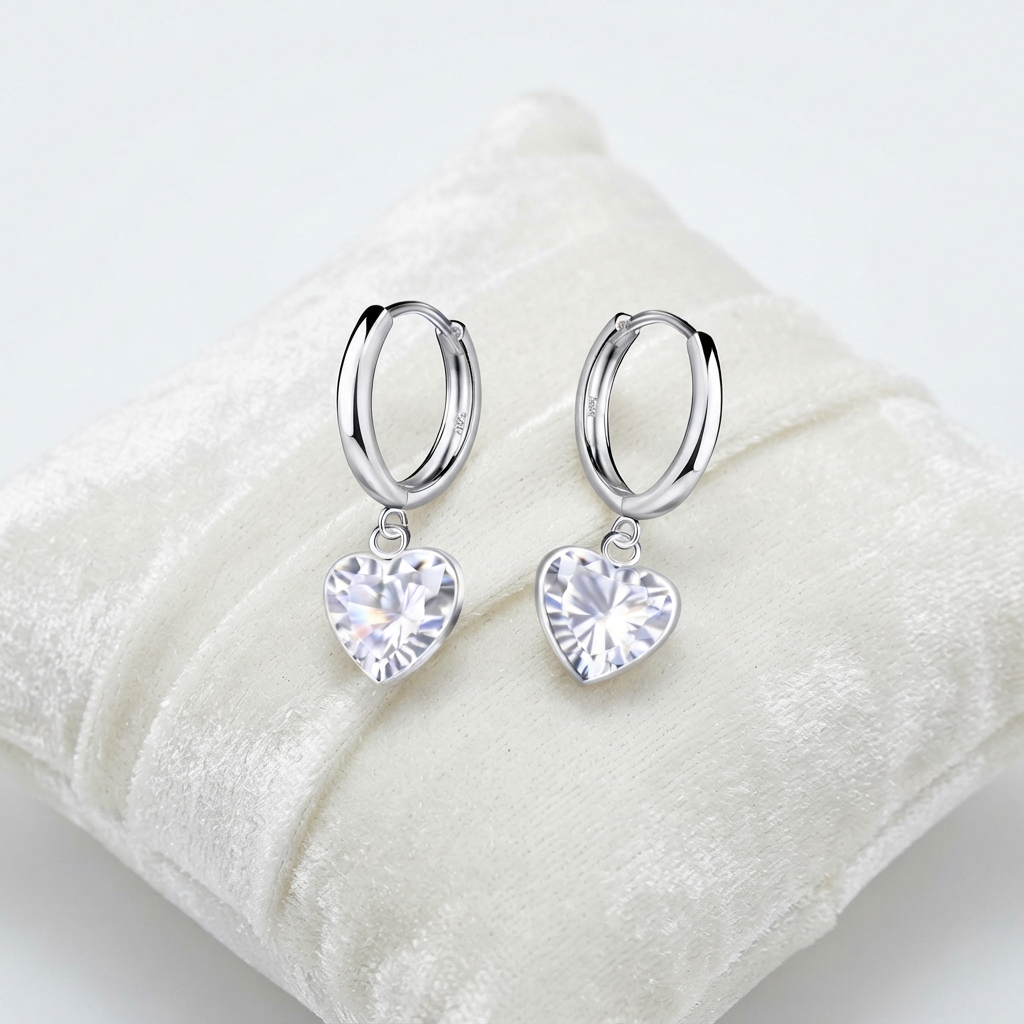 A pair of silver hoop earrings with dangling heart-shaped clear crystals, displayed on a soft white velvet cushion.