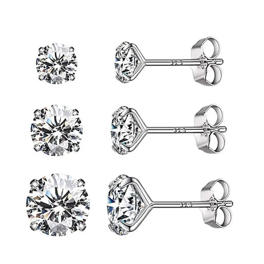 Sterling Silver Cubic Zirconia Round Stud Earring Set 4 5 & 6mm