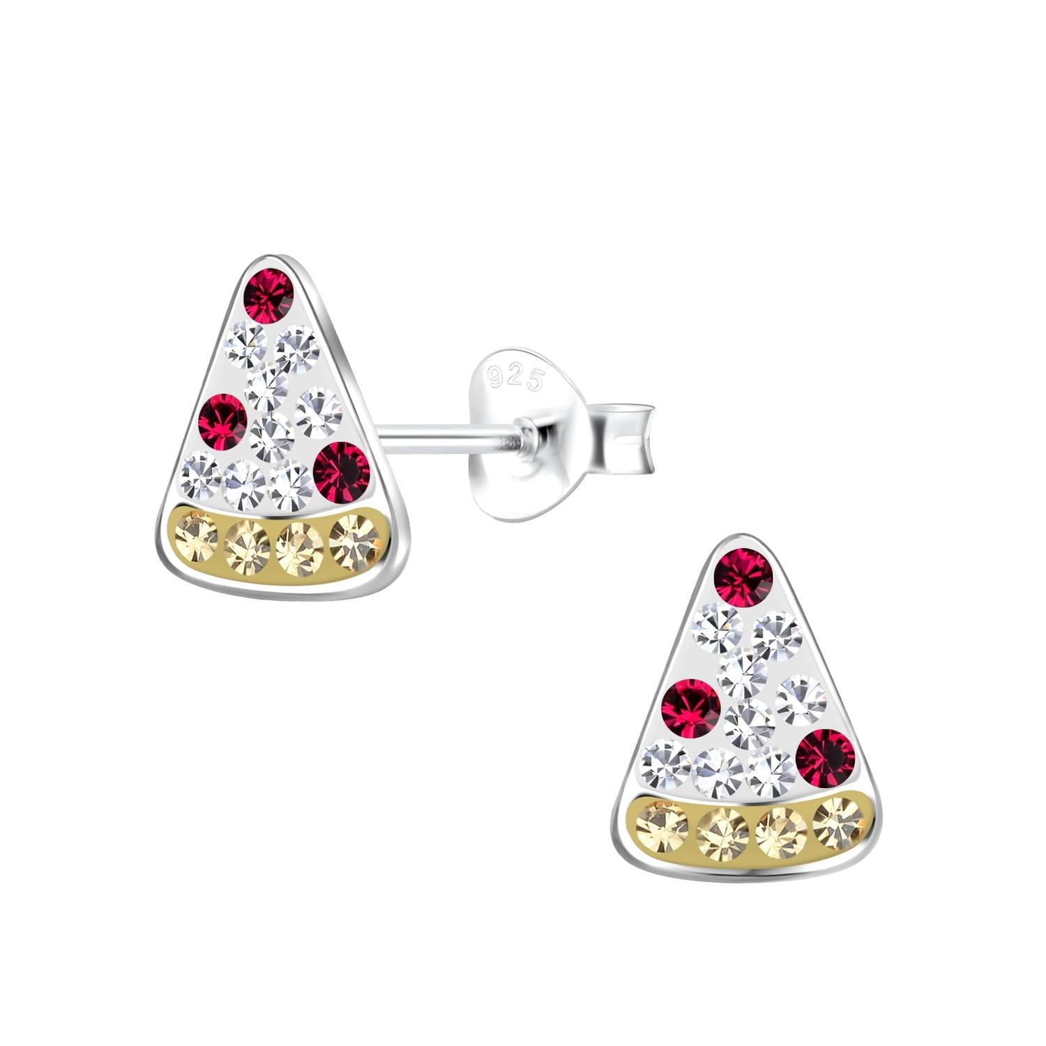 Melchior Jewellery childrens pizza earrings in silver with red, clear, and yellow crystals detail
