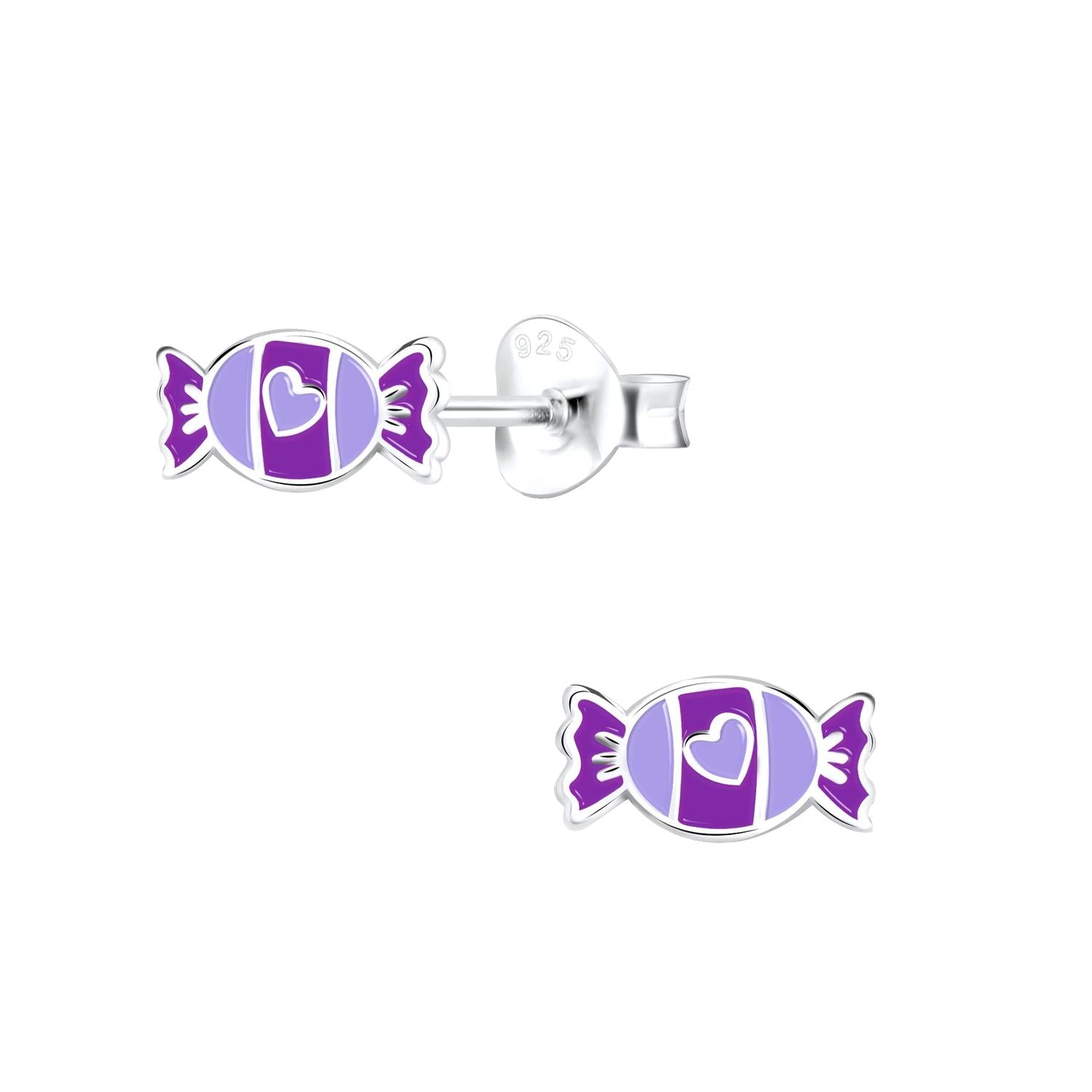 Sterling silver purple candy sweet childrens earrings by Melchior Jewellery with heart detail