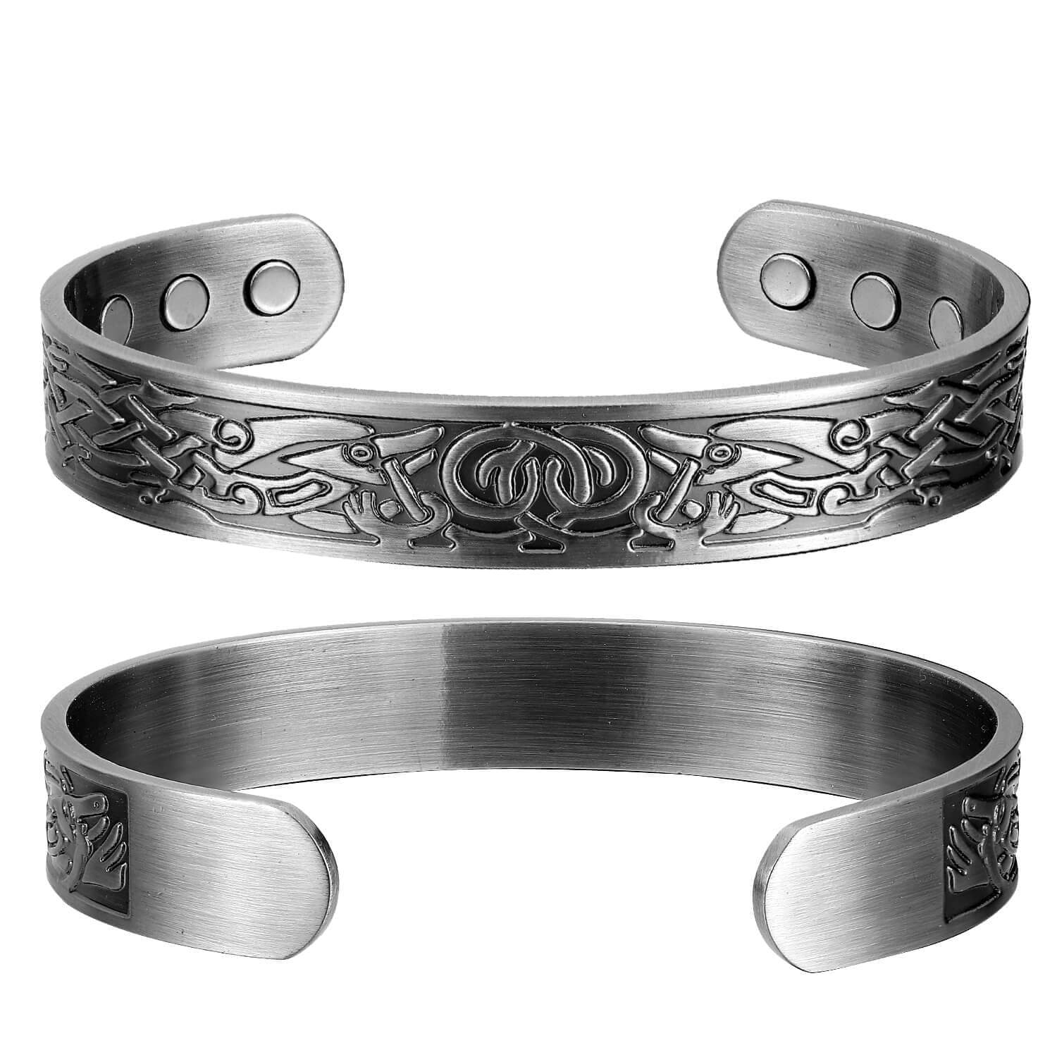 Magnetic copper bangle set in silver finish with Celtic knot engraving and internal magnetic therapy studs