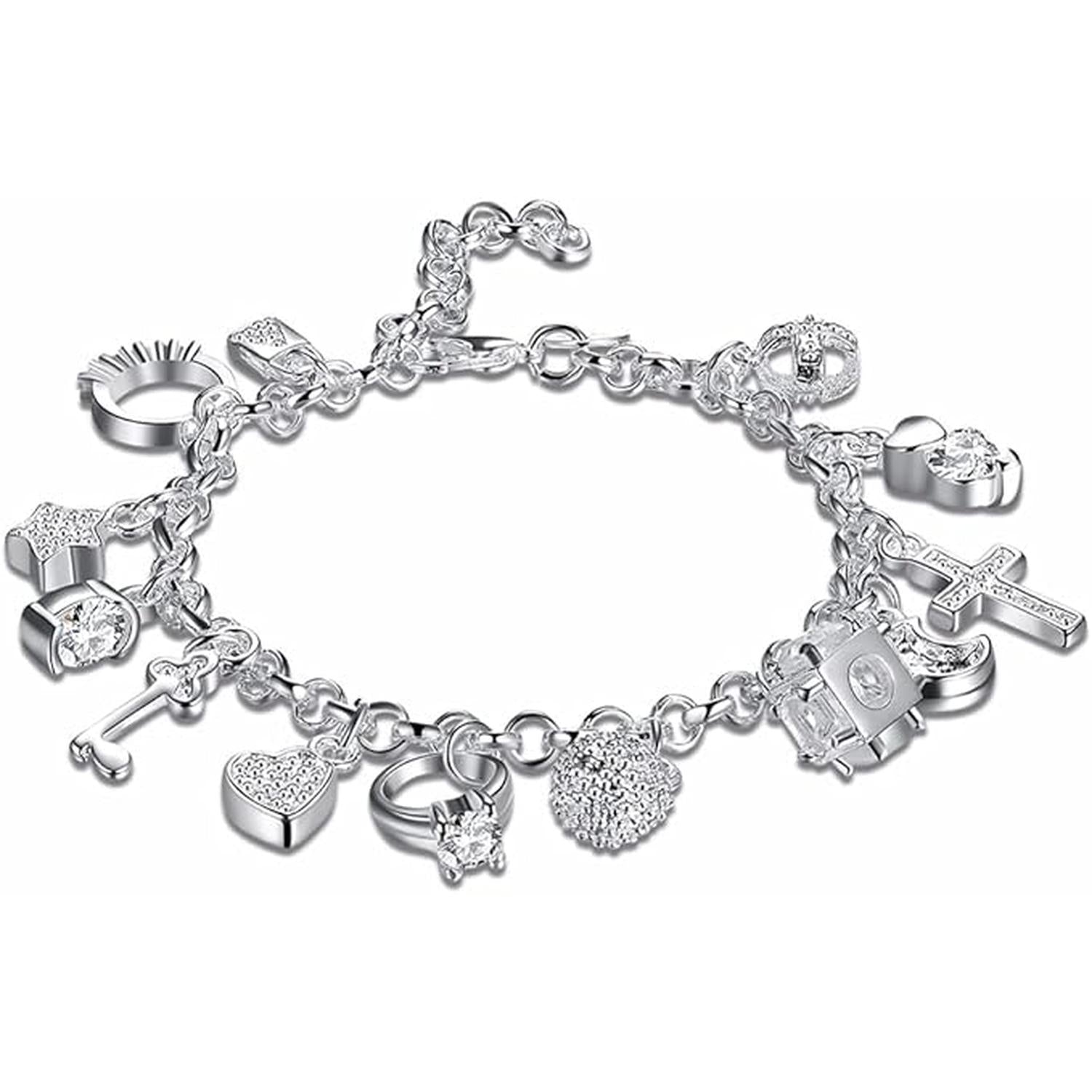 Melchior Jewellery silver cz 13 charms bracelet for women with various detailed charm designs