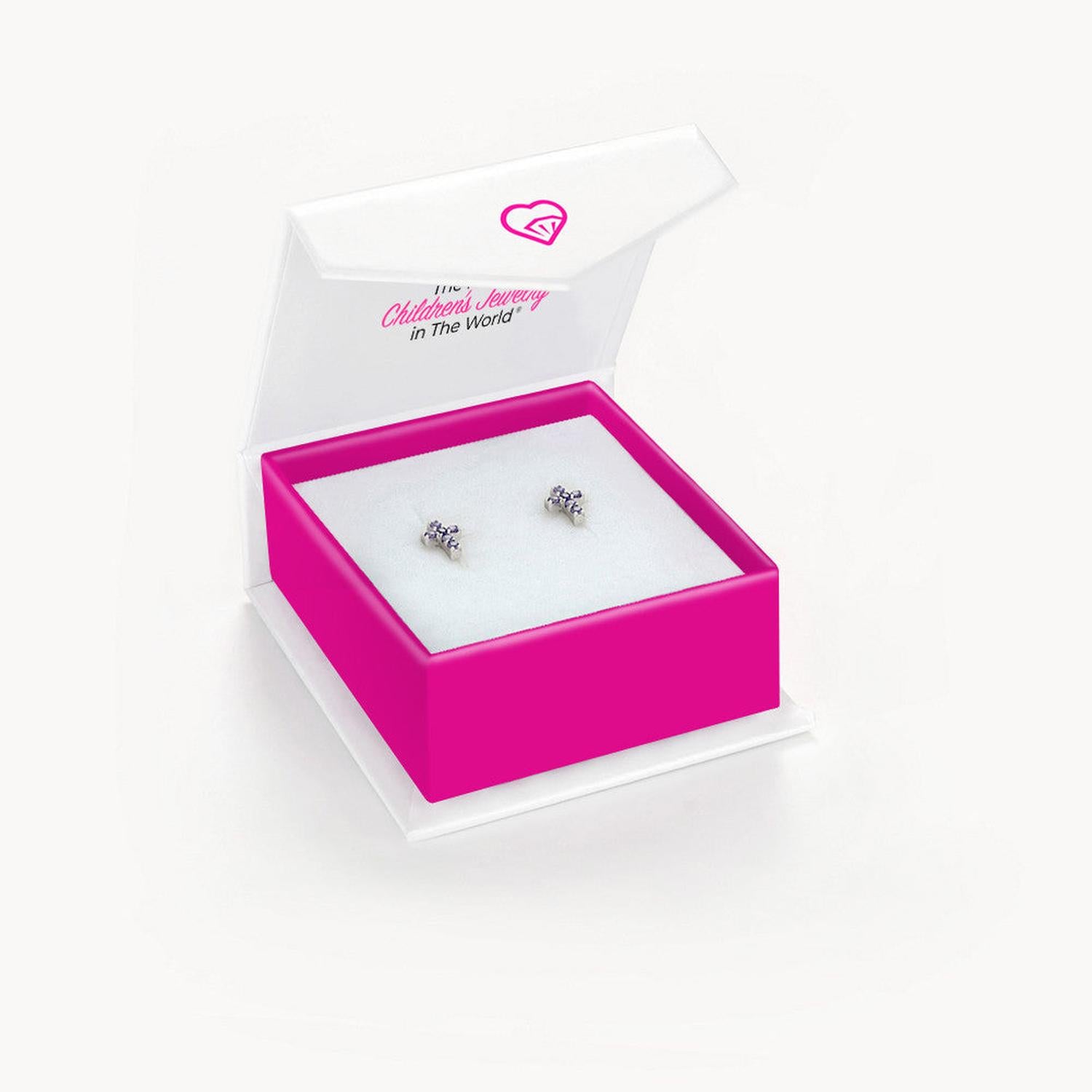 sterling silver children silver cross earrings in pink and white jewellery box by In Season Jewellery