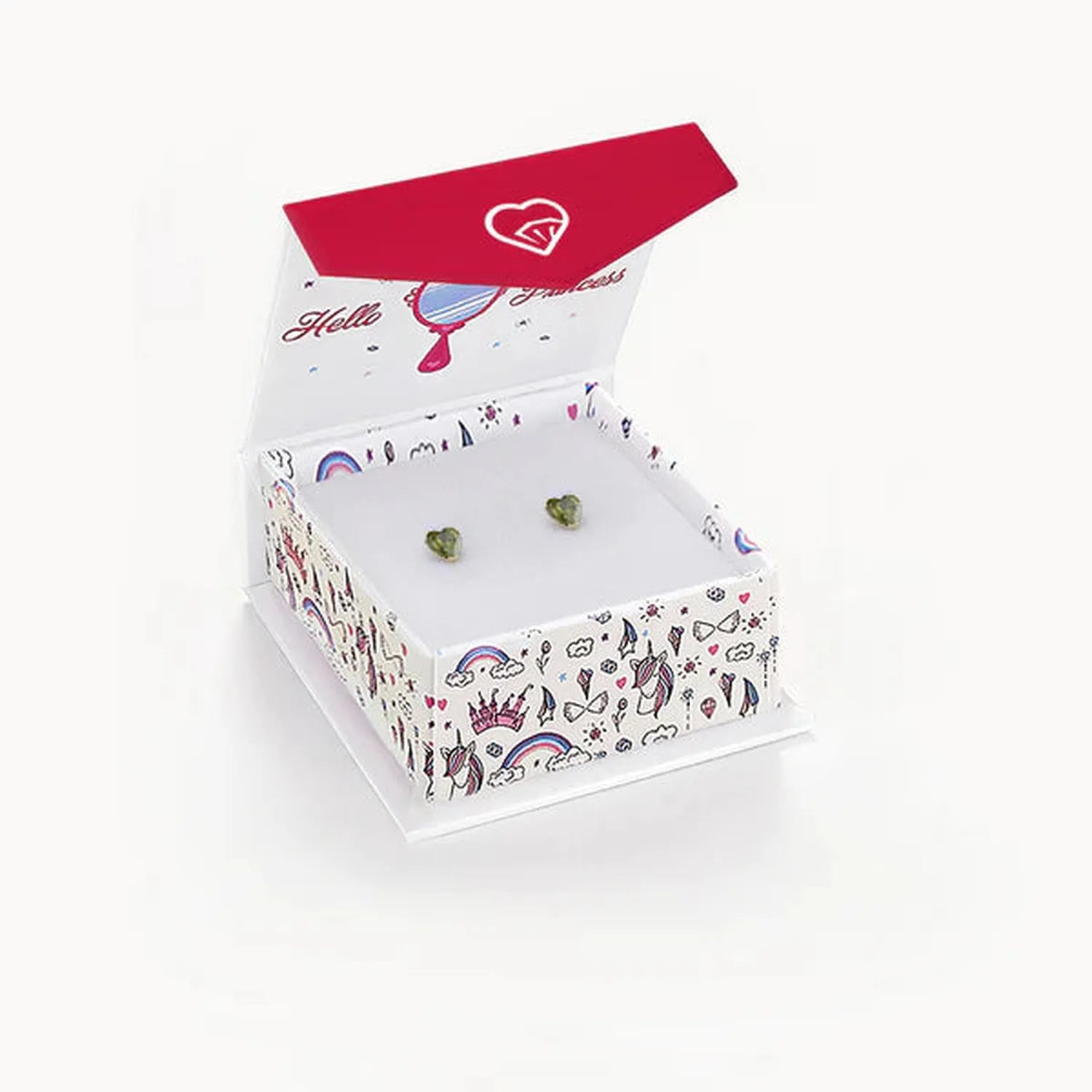 childrens 14k gold August birthstone earrings in green heart shape in decorative jewellery box