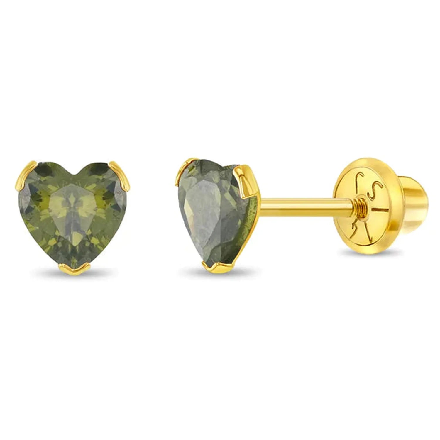 14k gold childrens August birthstone earrings with heart-shaped green stones by In Season Jewellery
