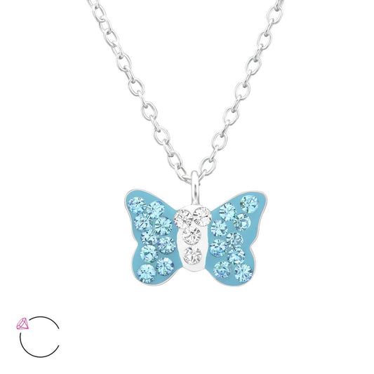 Melchior Jewellery children's aqua blue butterfly necklace with sparkling gemstones on silver chain