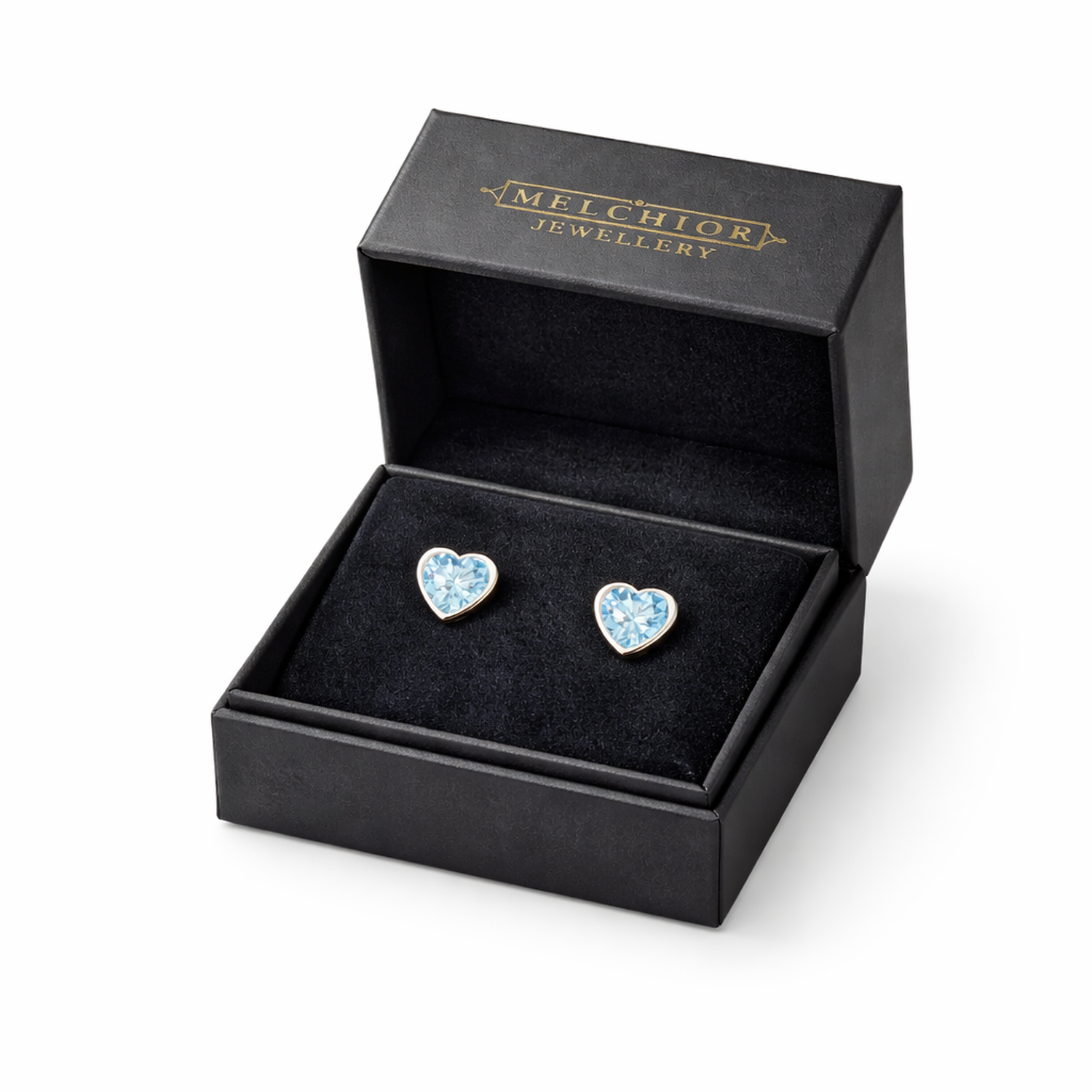 sterling silver childrens aquamarine heart earrings in black Melchior Jewellery gift box