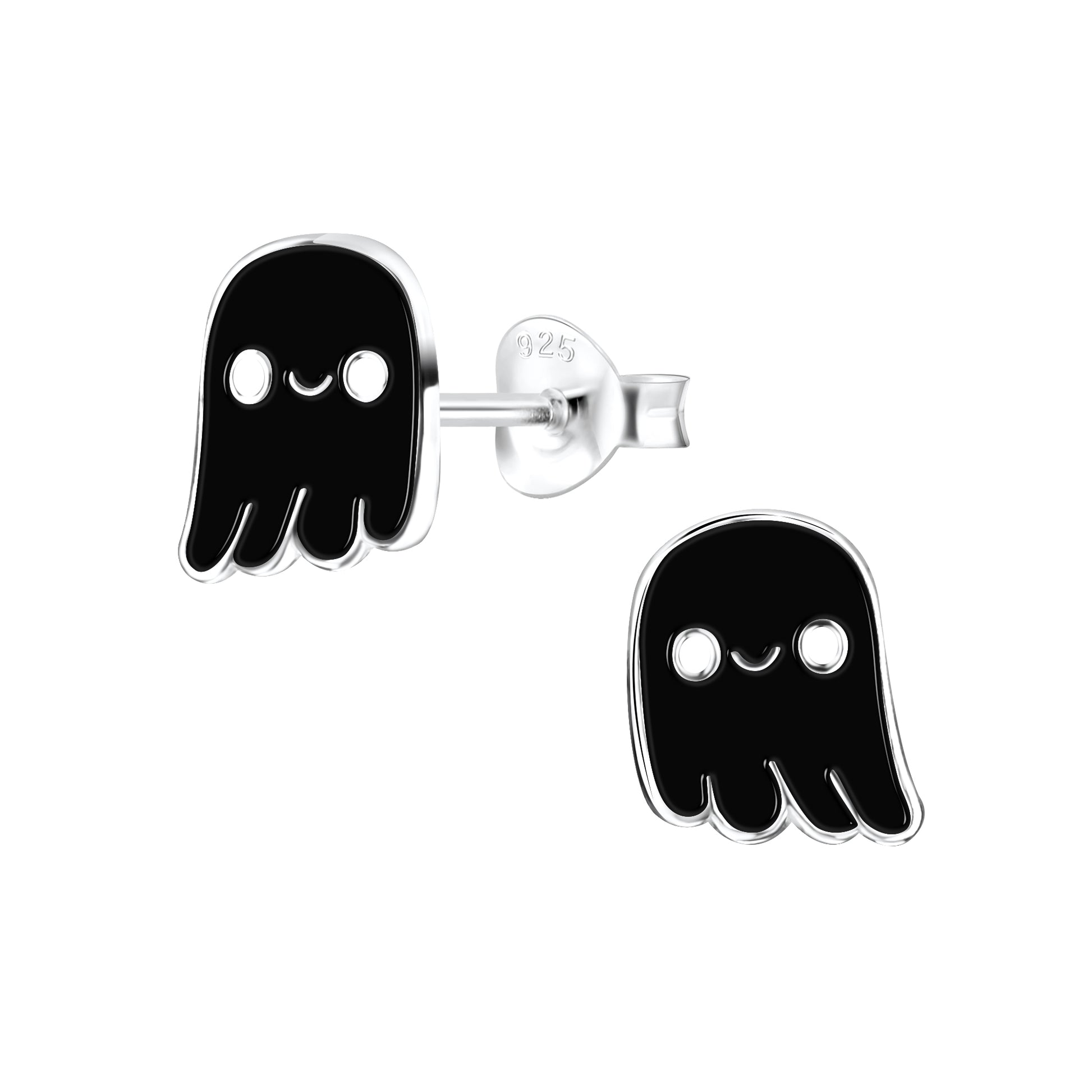 Melchior Jewellery children's sterling silver ghost earrings with black enamel and cute smiling design