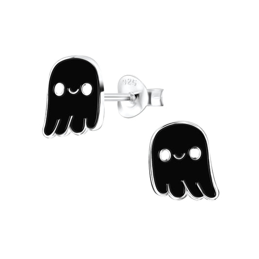 Melchior Jewellery children's sterling silver ghost earrings with black enamel and cute smiling design