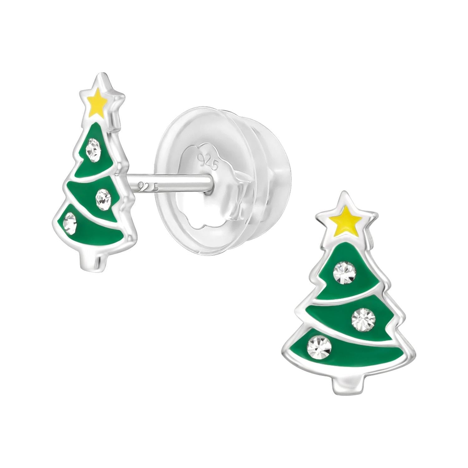 Sterling silver green and yellow Childrens Christmas Tree Stud Earrings with clear stones for kids