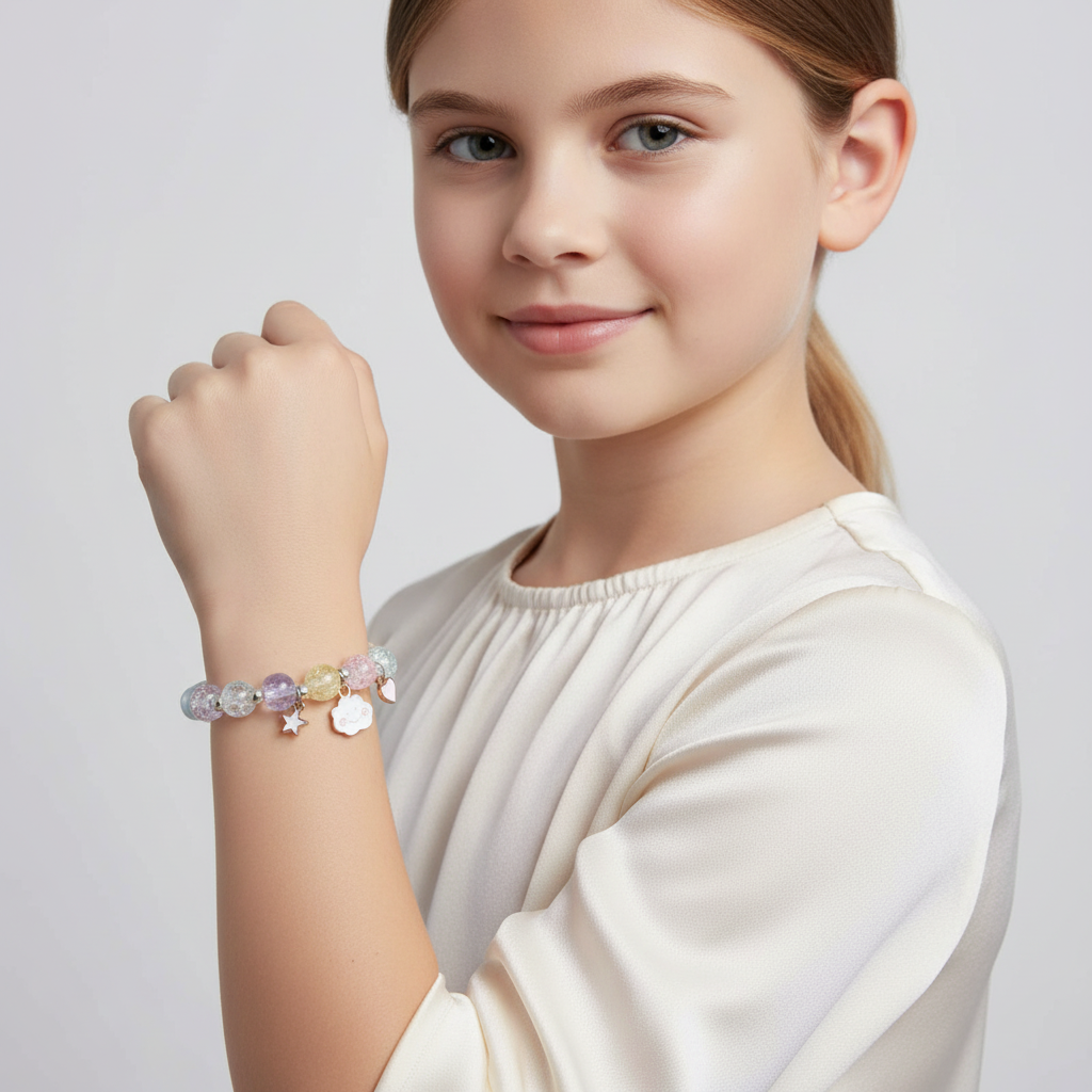 Girl wearing Melchior Jewellery cloud charm bracelet for kids with pastel beads and star charms