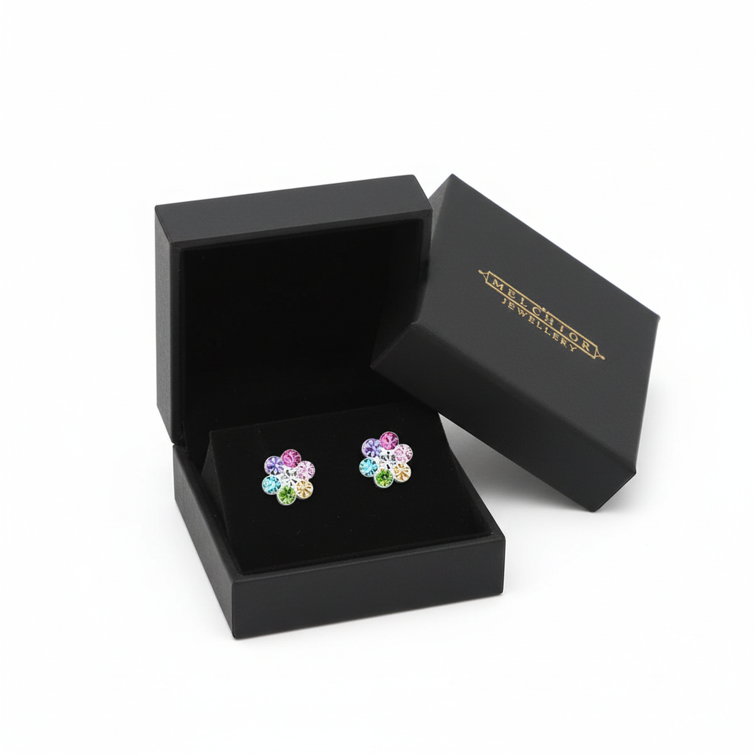 Melchior Jewellery multicoloured diamante stud earrings for girls in a black gift box