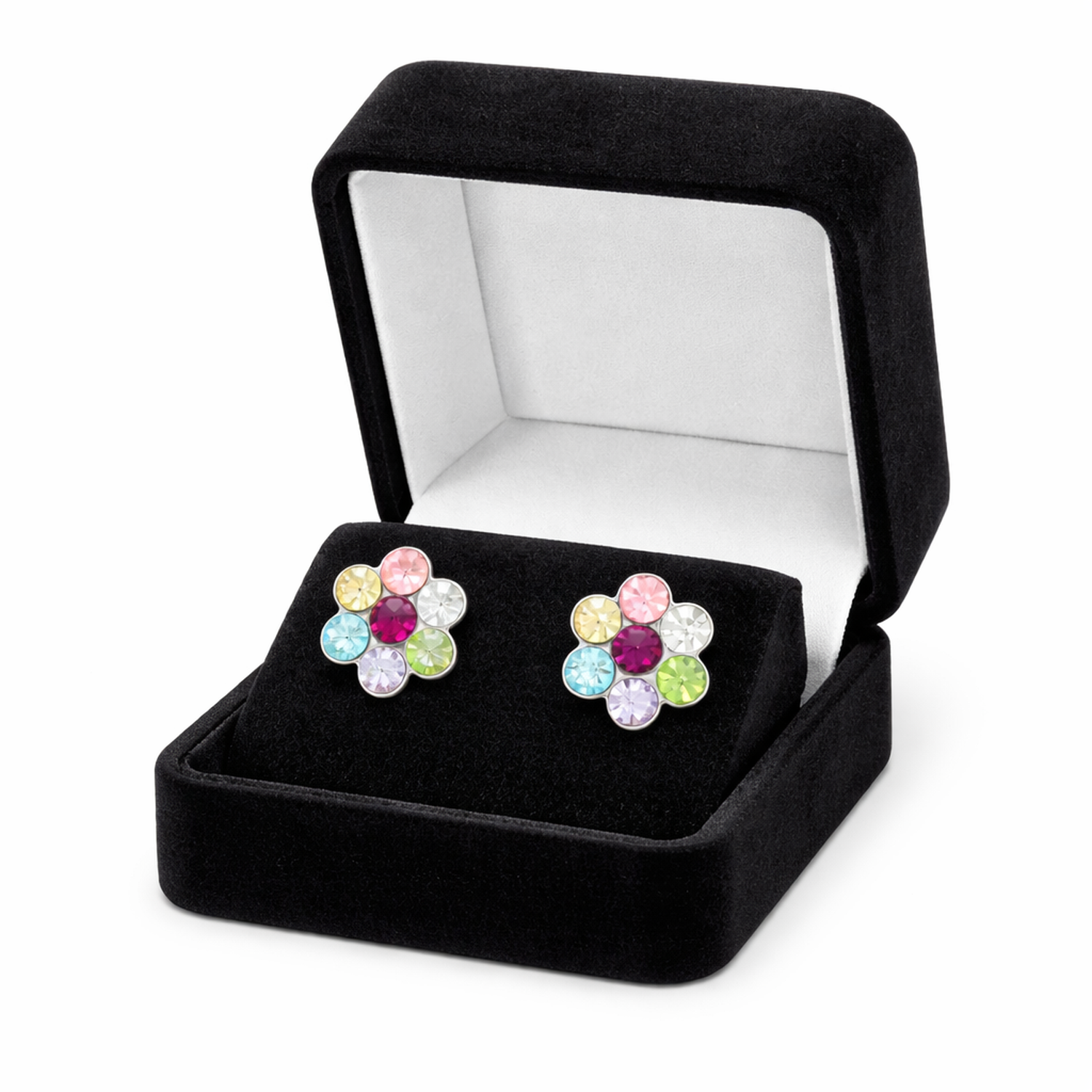 Melchior Jewellery sterling silver CZ earrings for girls shaped like colourful flower studs in black velvet box