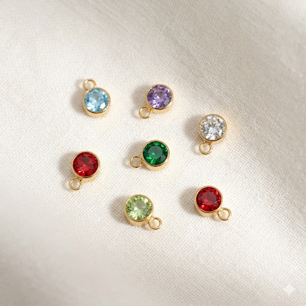 Gold stainless steel birthstone charm with various coloured stones for personalised jewellery