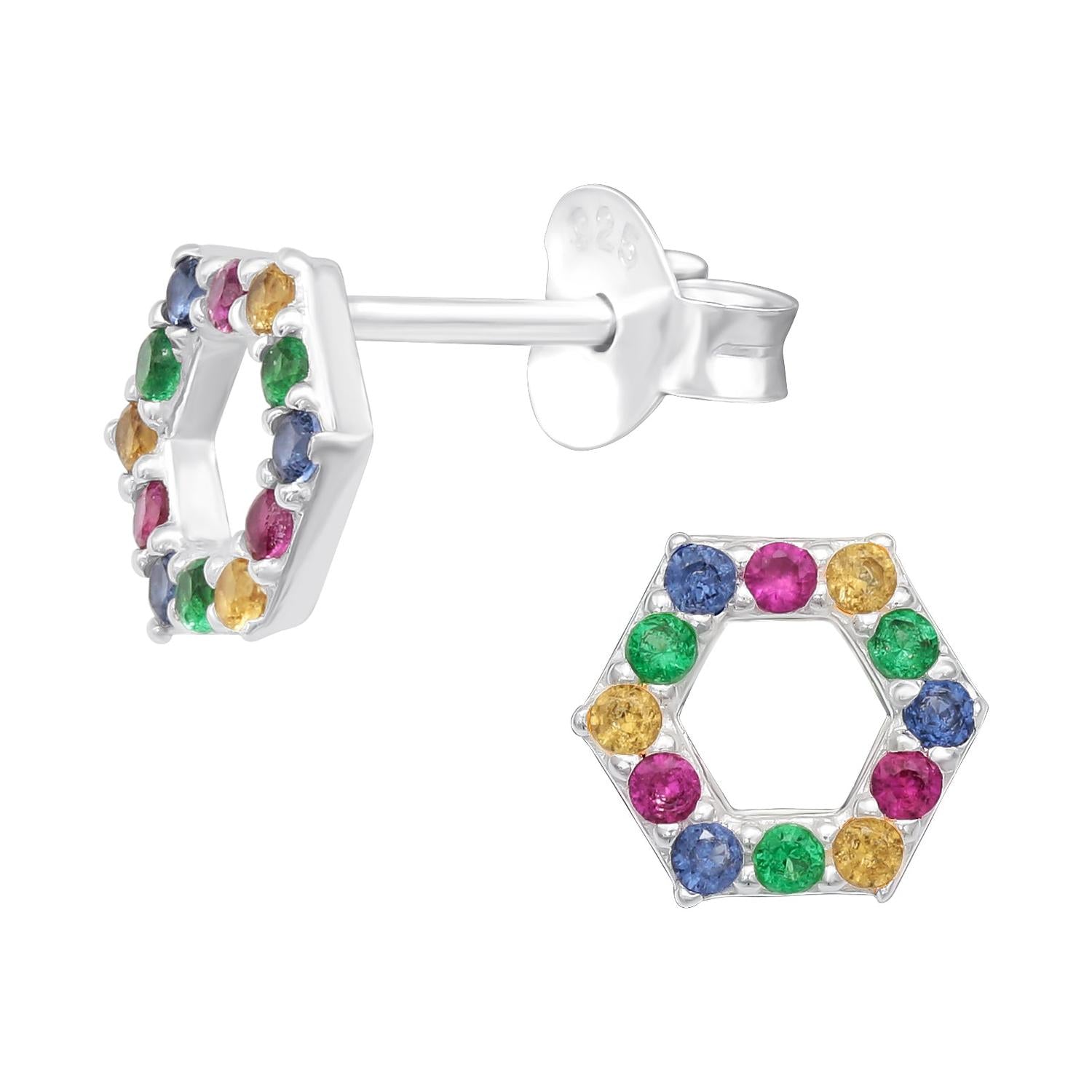 sterling silver girls hexagon earrings with multicolour gemstones by Melchior Jewellery