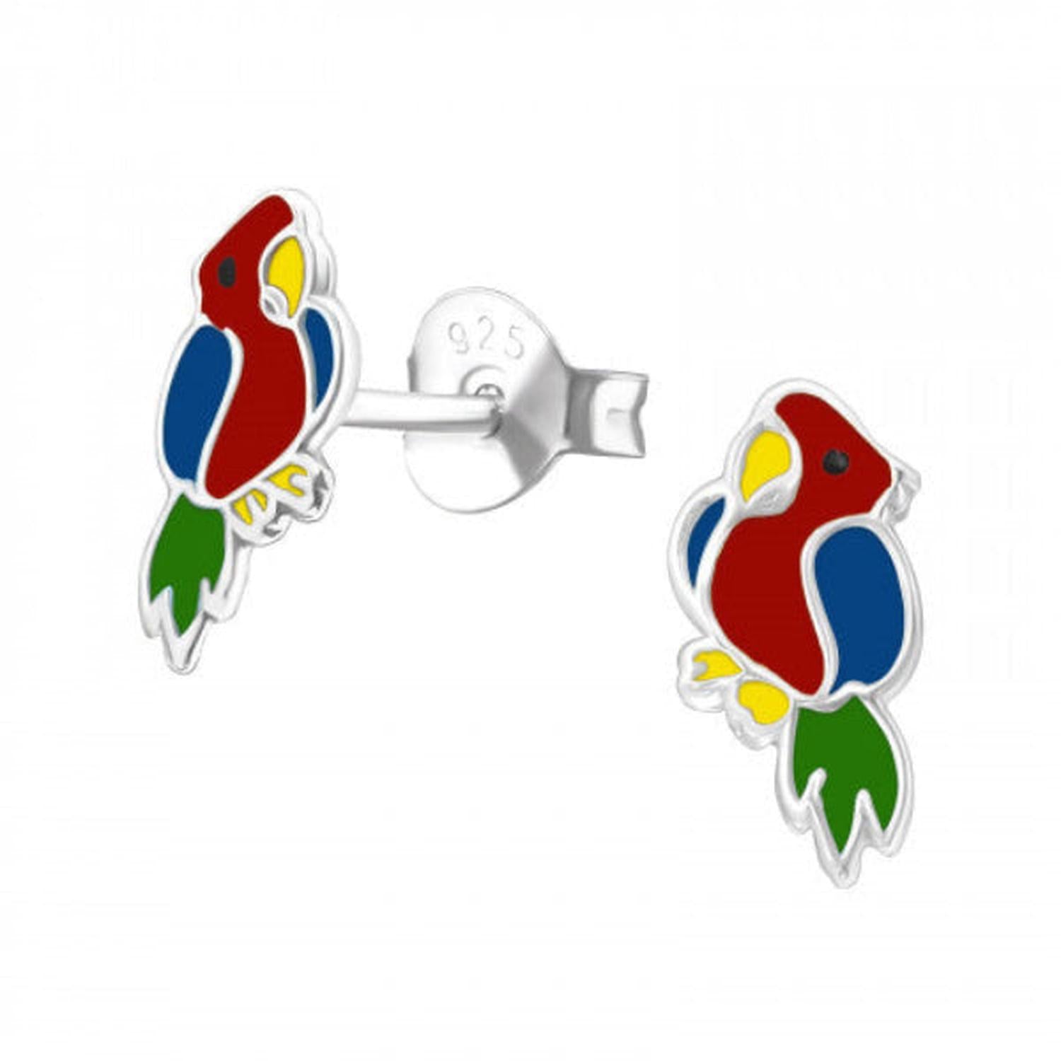 sterling silver colourful girls parrot earrings by Melchior Jewellery for children