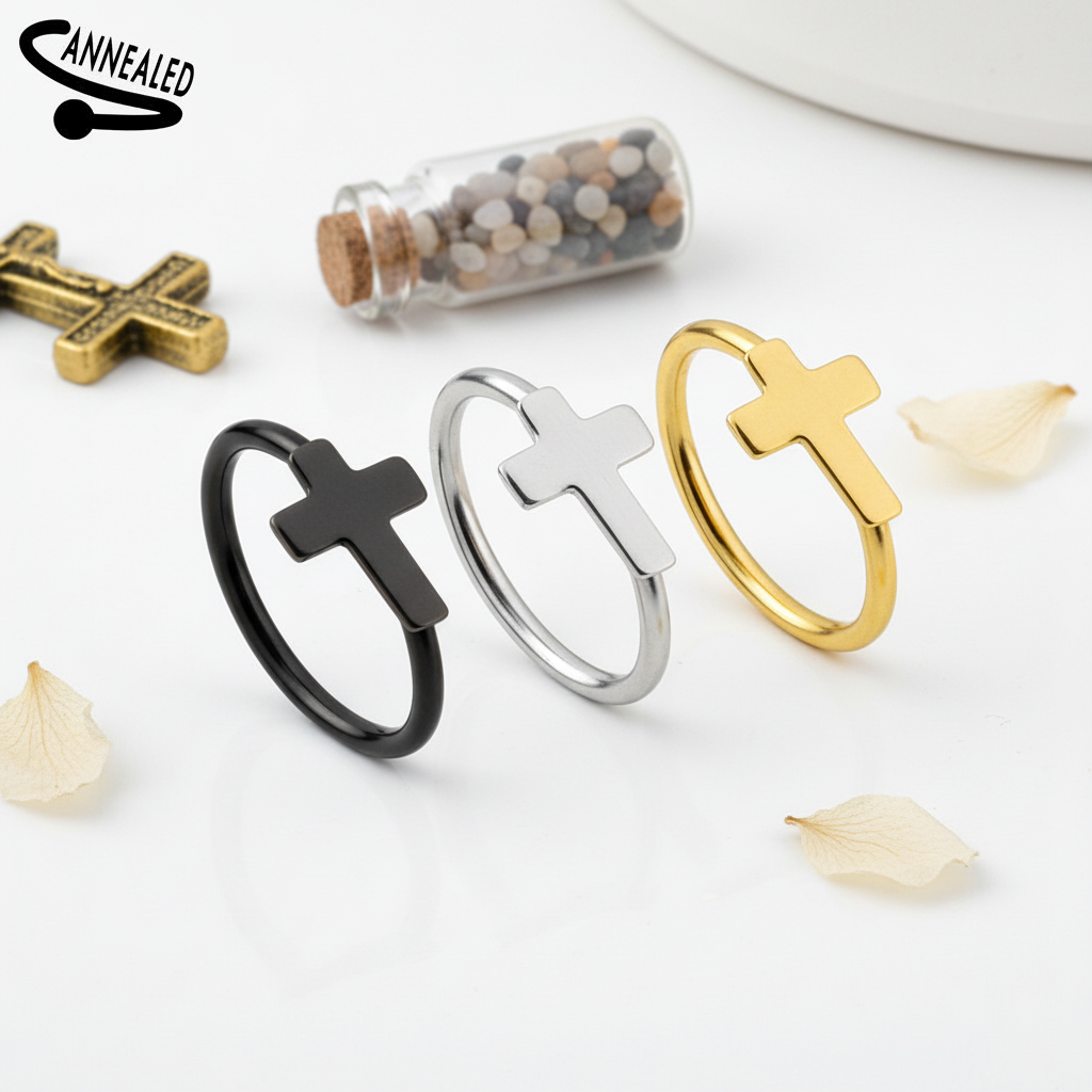 Cross surgical steel nose ring piercing in black silver and gold by Melchior Jewellery set of three