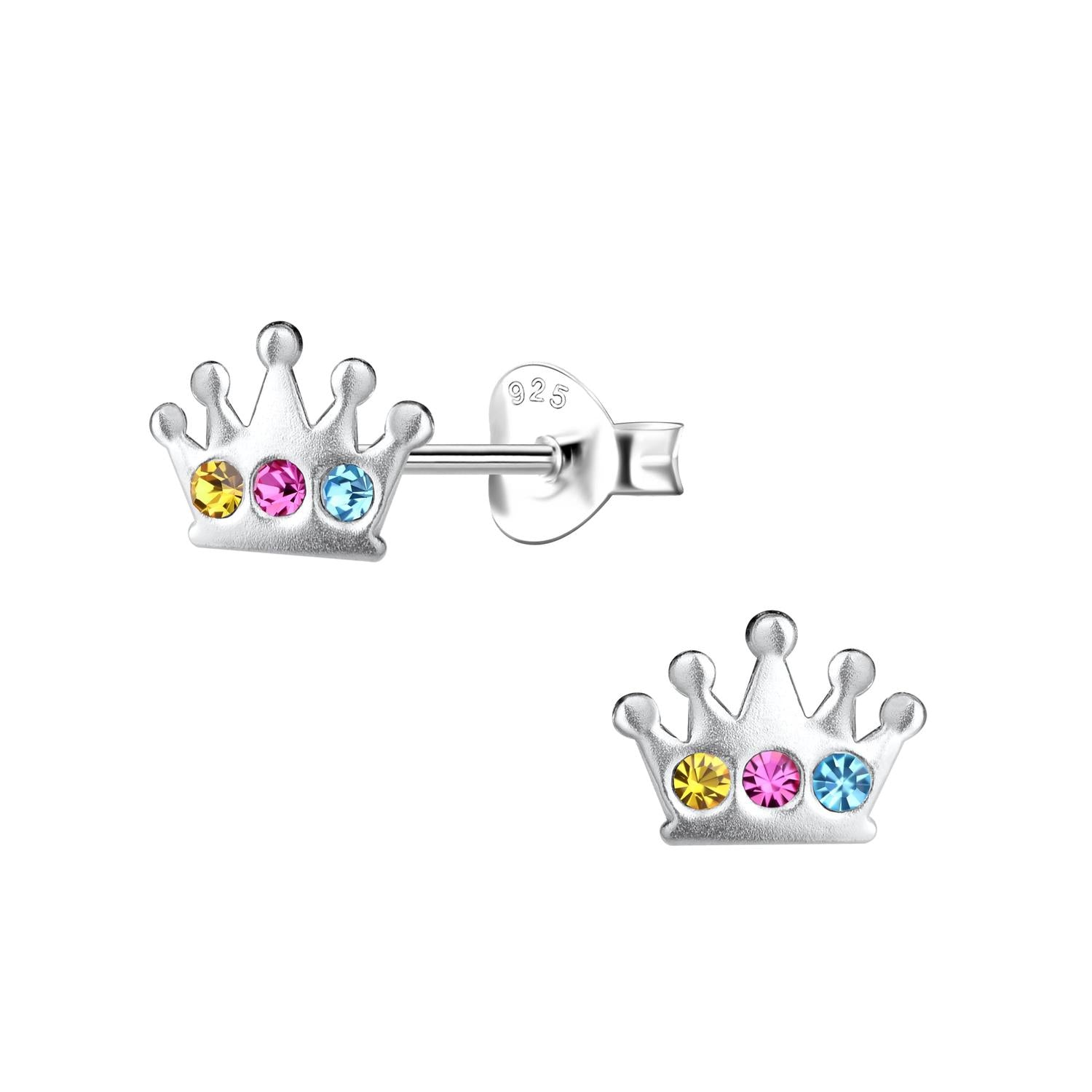 Sterling silver Princess Crown Stud Earrings with yellow, pink and blue stones for children