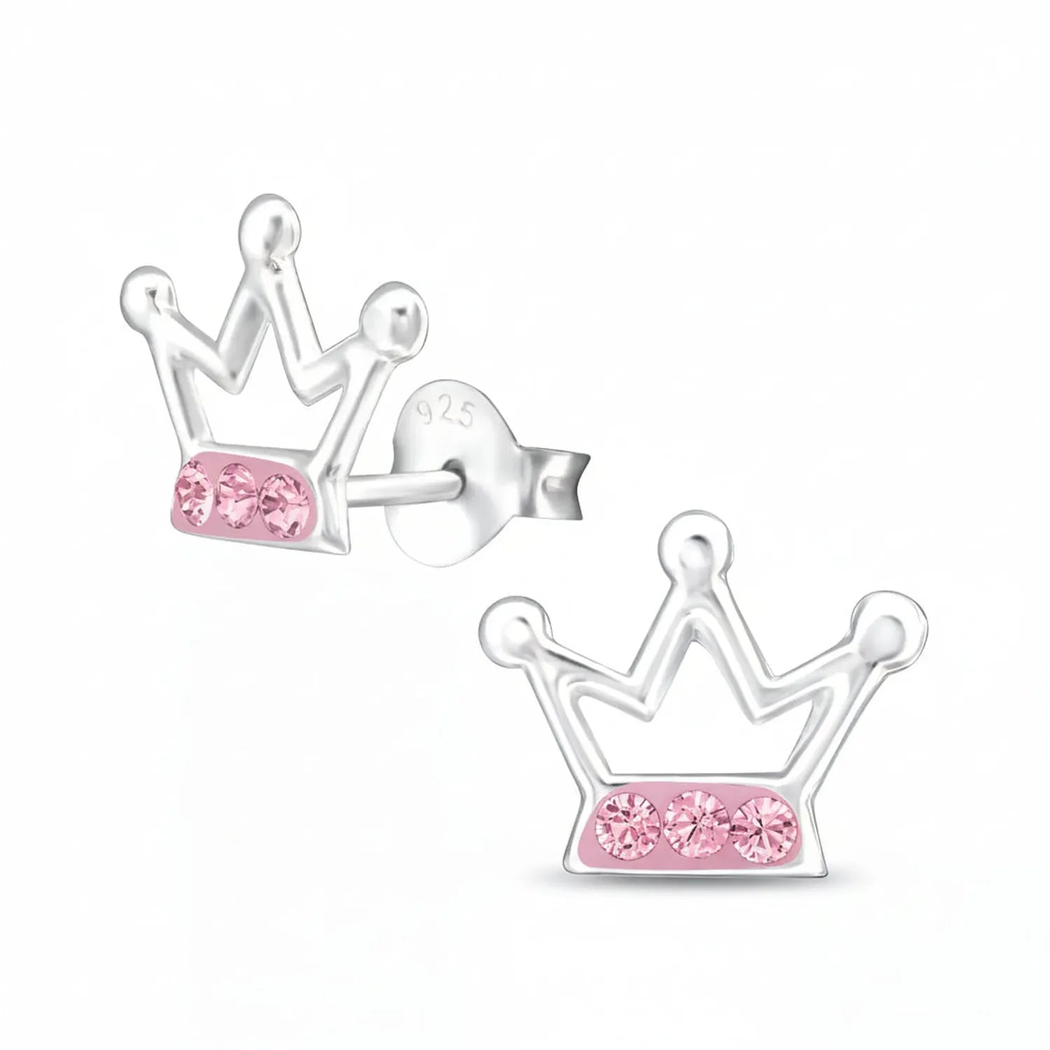 Childrens Sterling Silver Pink Crystal Crown Stud Earrings - Melchior Jewellery 