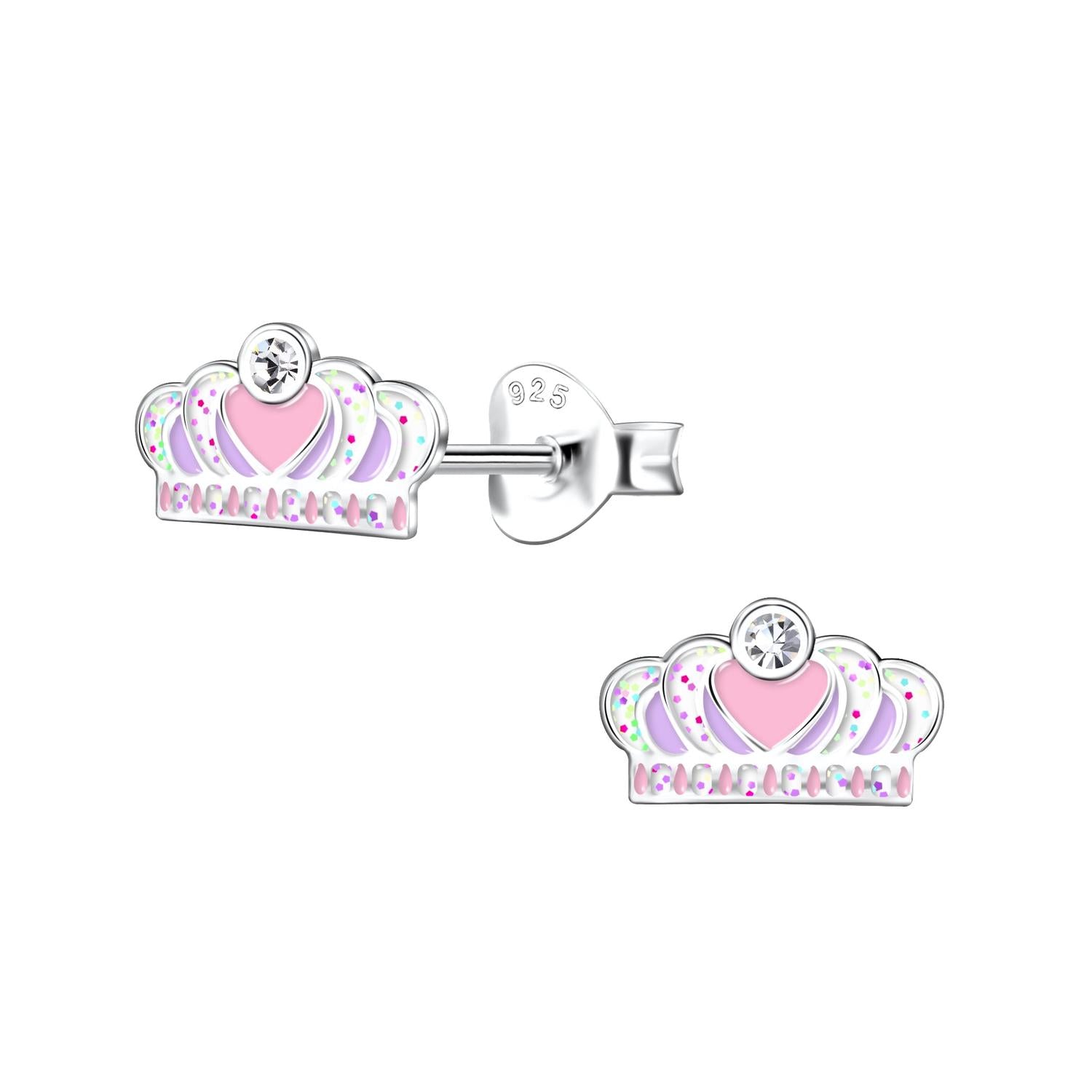 Melchior Jewellery Princess Crown Stud Earrings in silver with pink heart and sparkly white and colourful accents