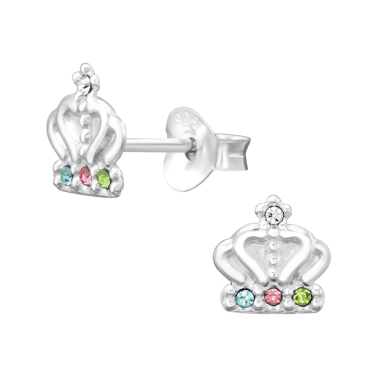 Childrens sterling silver crown earrings with colourful gemstones by Melchior Jewellery