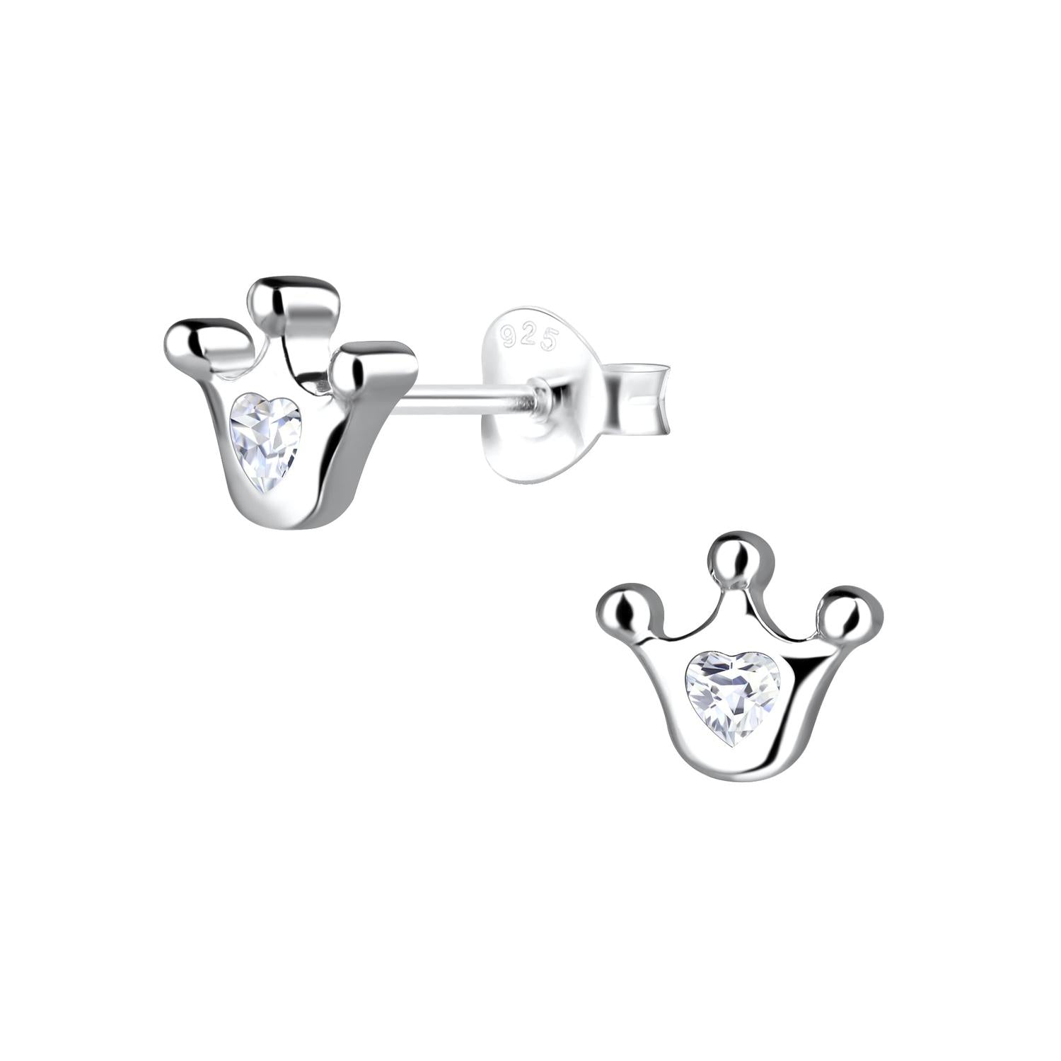 Sterling silver girls princess crown stud earrings with heart-shaped crystal for children