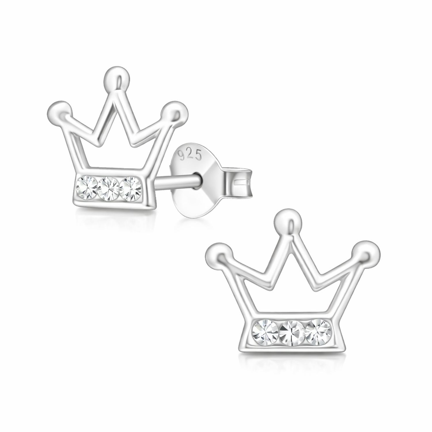 sterling silver princess crown stud earrings with clear stones for children by Melchior Jewellery