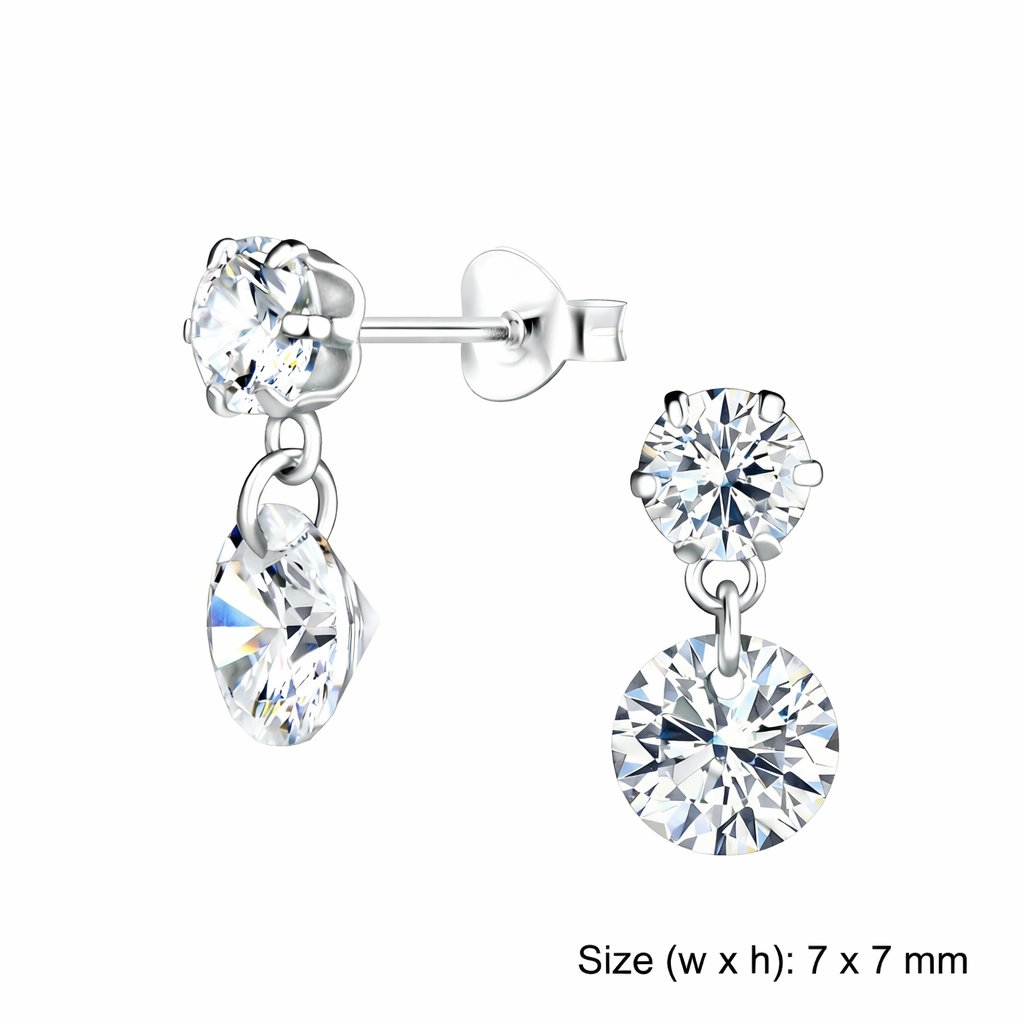 Sterling silver sparkling CZ earrings for women featuring two round cubic zirconia stones