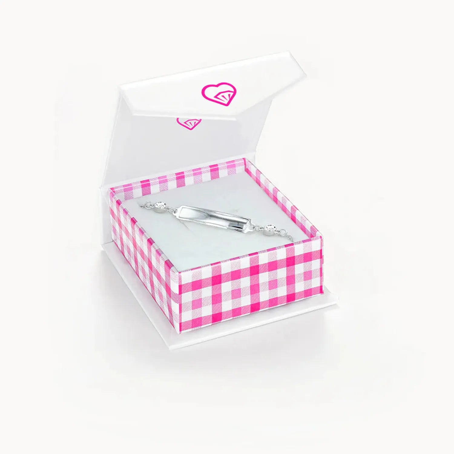 Cubic zirconia ID bracelet for toddlers by Melchior Jewellery in pink check gift box