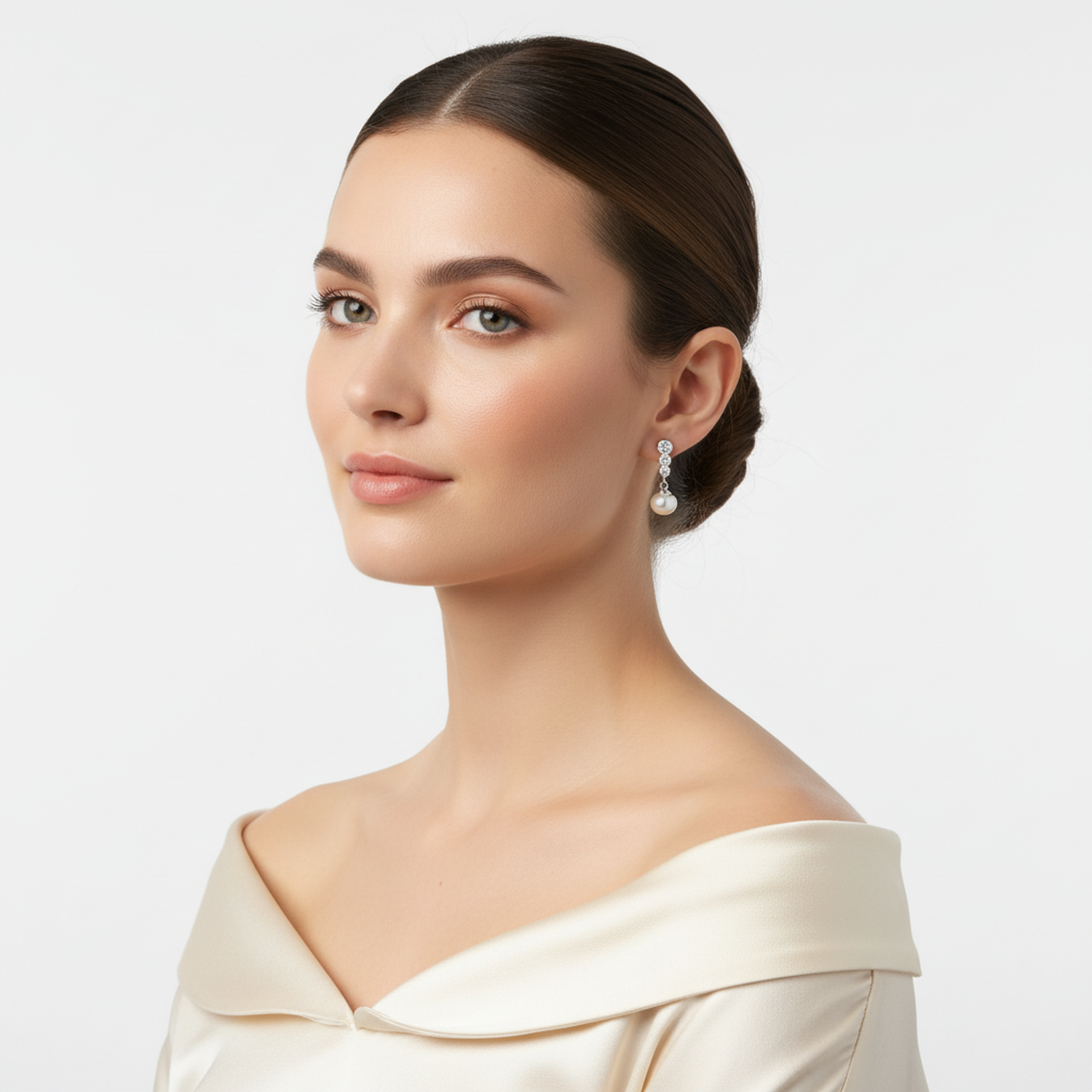 Elegant cultured pearl sterling silver earrings worn by woman in off-shoulder cream top by Melchior Jewellery