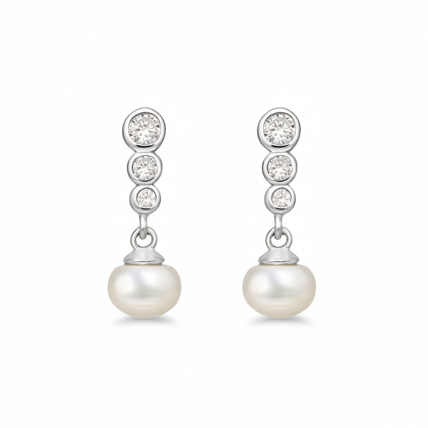 Cultured pearl sterling silver earrings by Melchior Jewellery with three small crystals above each pearl drop