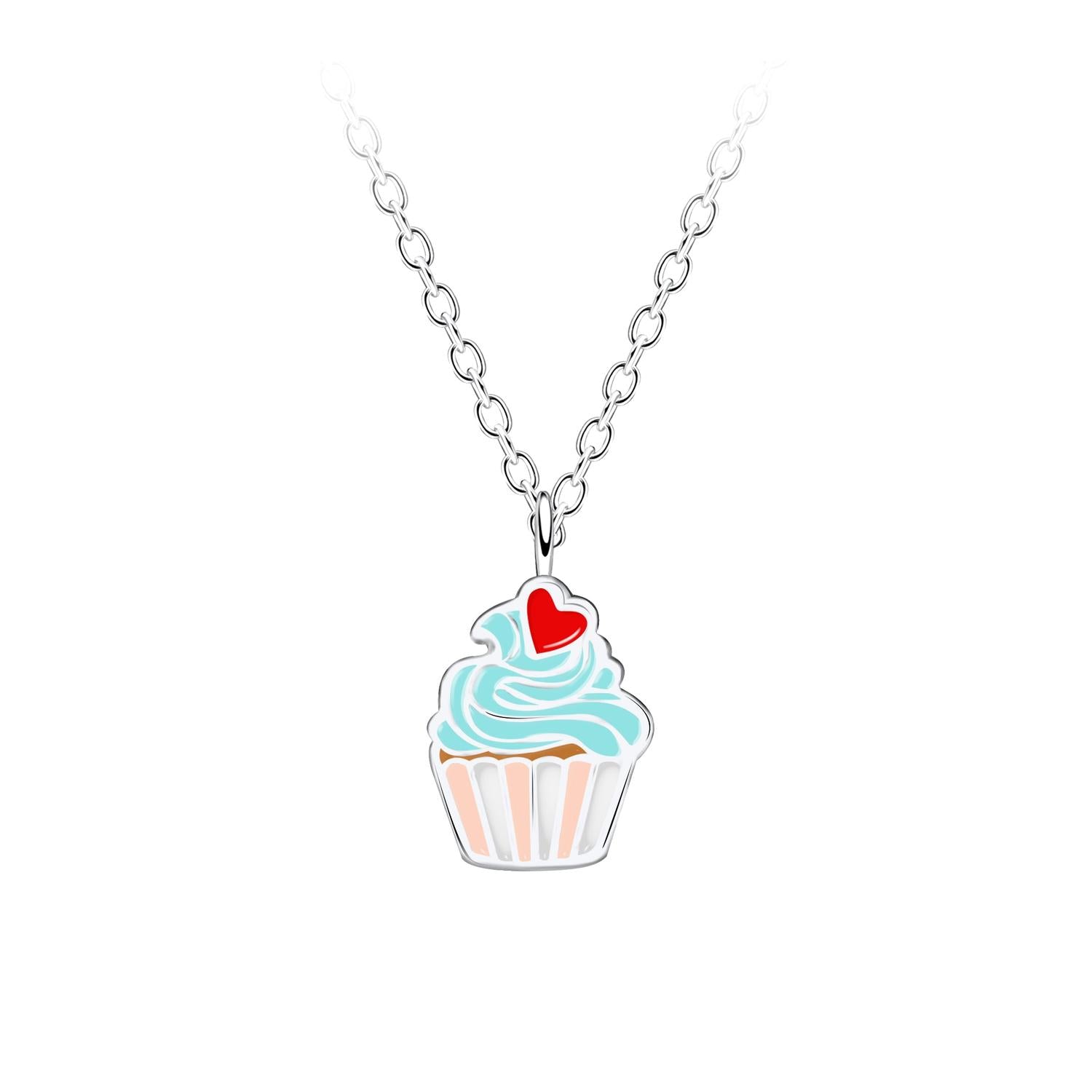 sterling silver blue and pink girls cupcake necklace with red heart detail from Melchior Jewellery