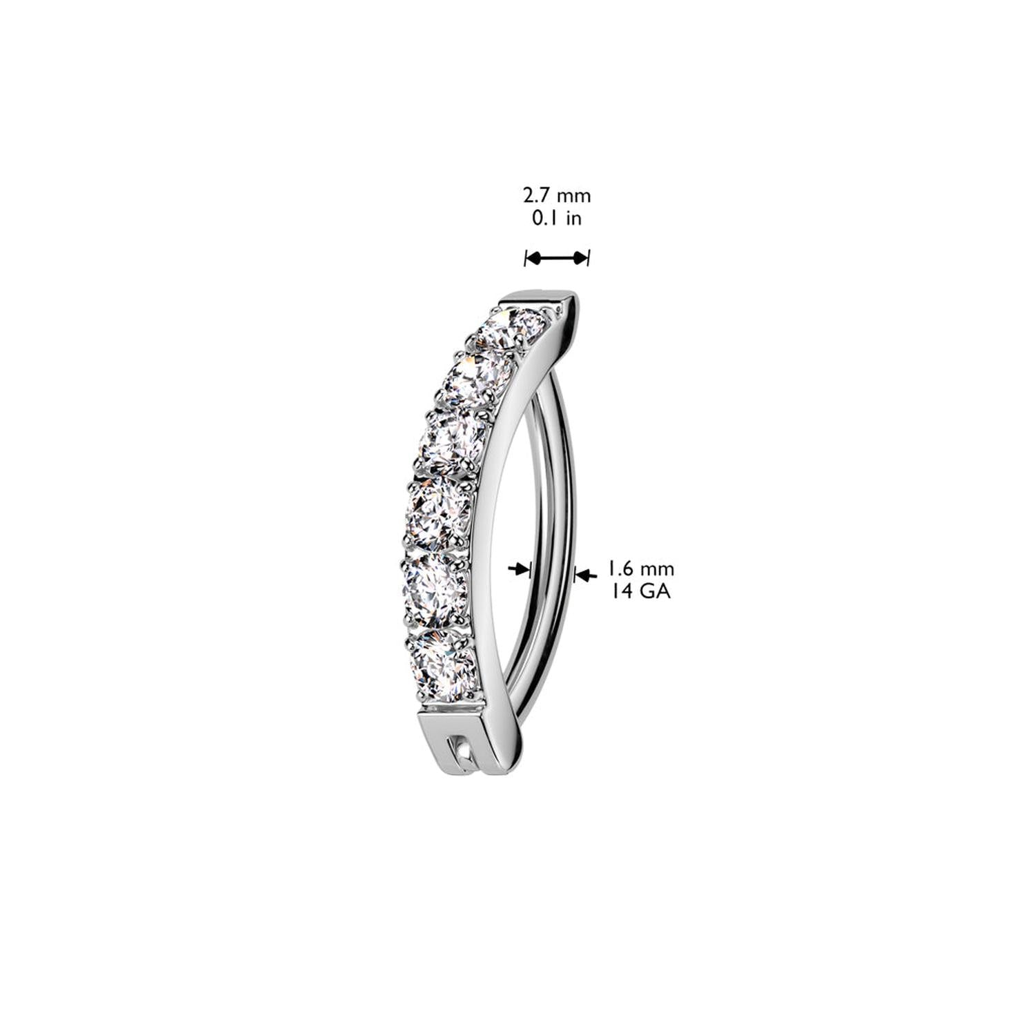 Melchior Jewellery titanium hinged belly ring curved titanium bar with seven clear cubic zirconia stones