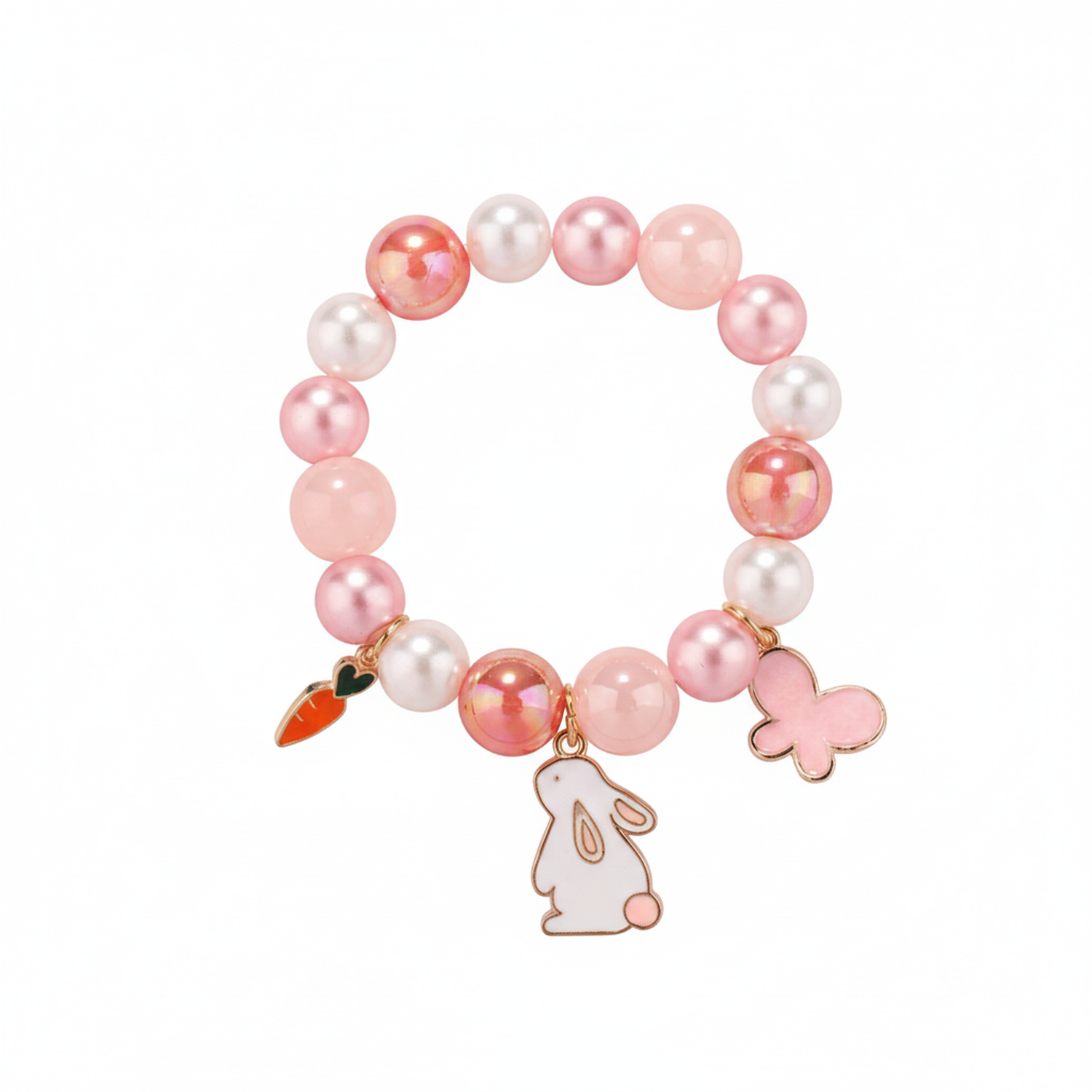 Girls rabbit bracelet by Melchior Jewellery with pink and white beads, featuring rabbit, butterfly, and carrot charms