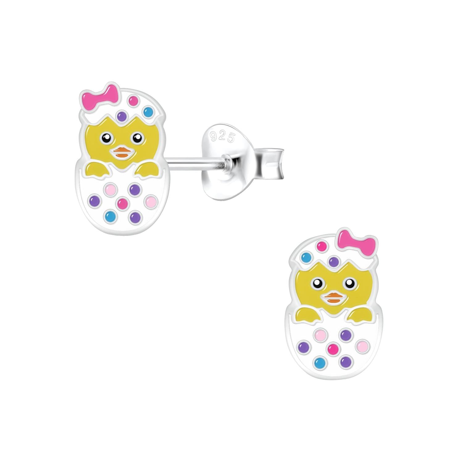 sterling silver colourful chick girls Easter egg earrings for children by Melchior Jewellery