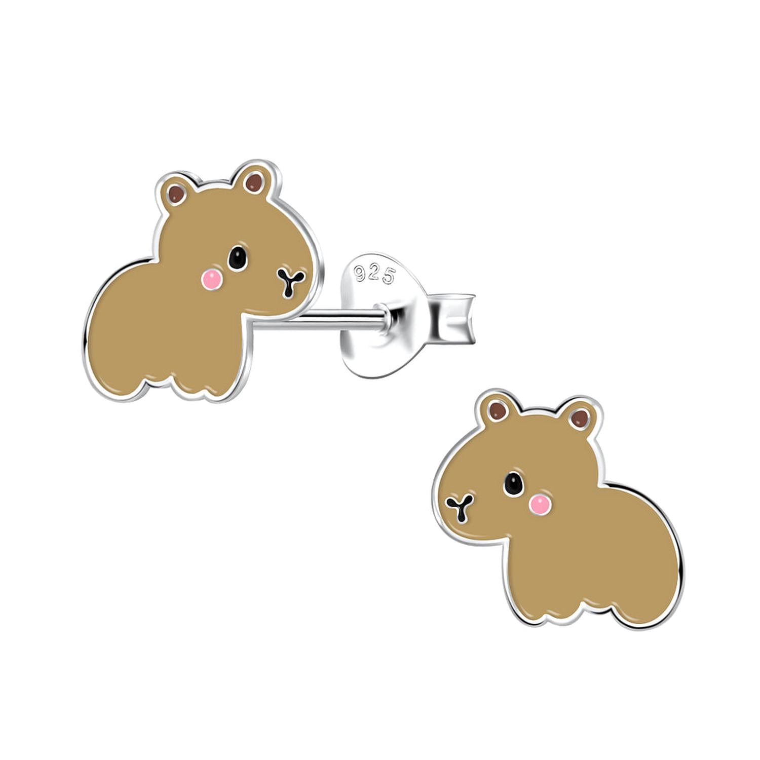 Melchior Jewellery capybara earrings for girls featuring cute brown enamel capybara with pink cheeks and silver posts