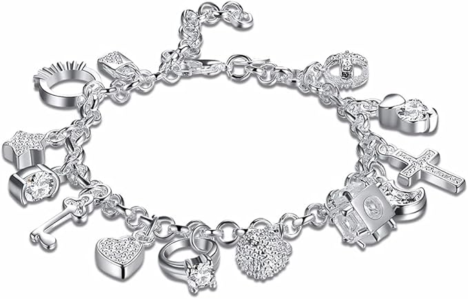 Melchior Jewellery silver cz 13 charms bracelet for women with various detailed charm designs