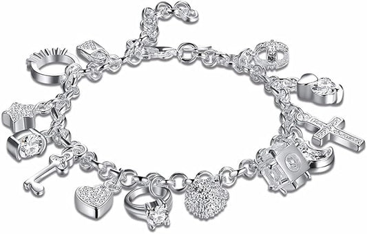 Melchior Jewellery silver cz 13 charms bracelet for women with various detailed charm designs