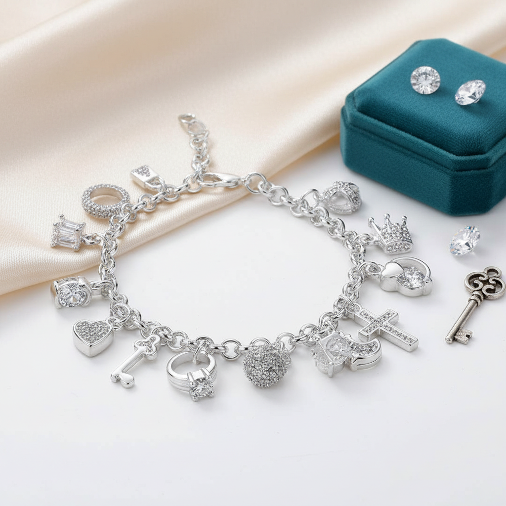 Melchior Jewellery cz 13 charms bracelet for women with silver charms including cross heart crown and key