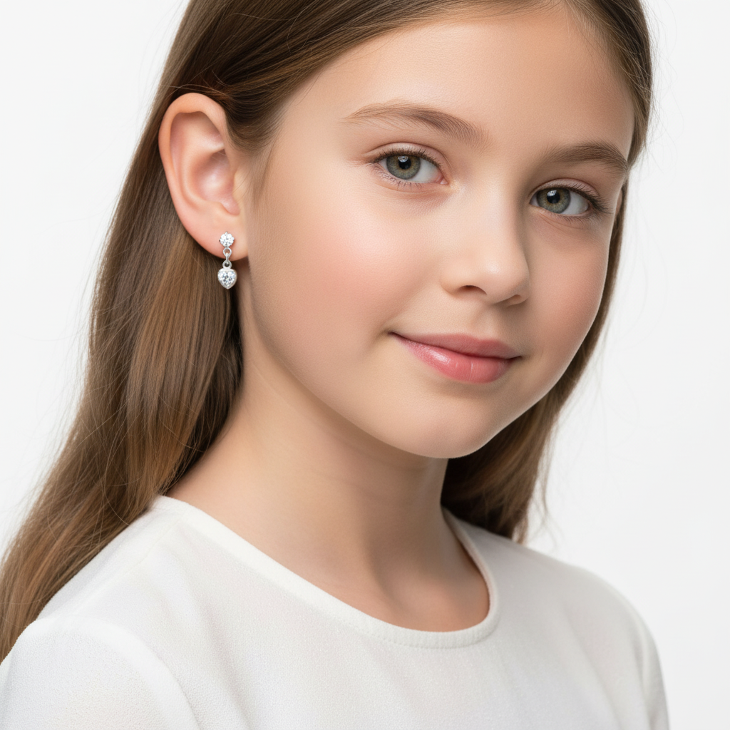 CZ drop stud earrings for kids worn by a young girl with long brown hair from Melchior Jewellery