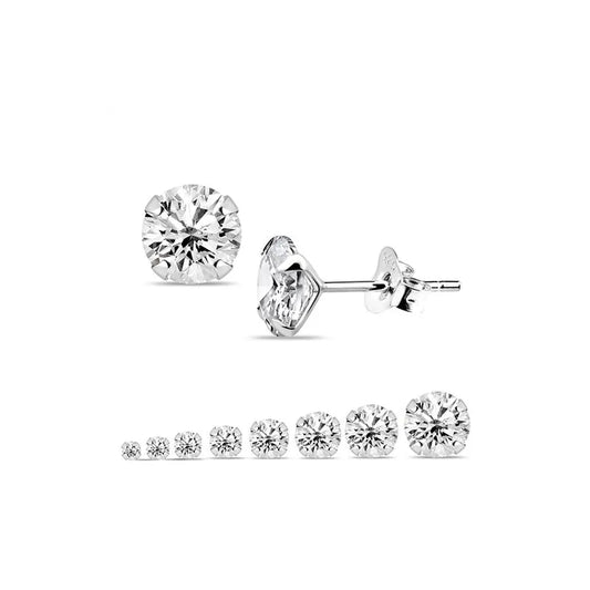 Sterling Silver Clear Round CZ Stud Earrings -Choose Your Size