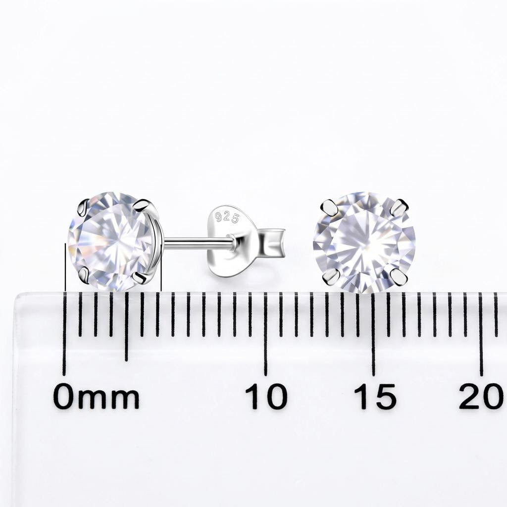Sterling silver 6mm round moissanite stud earrings showing size