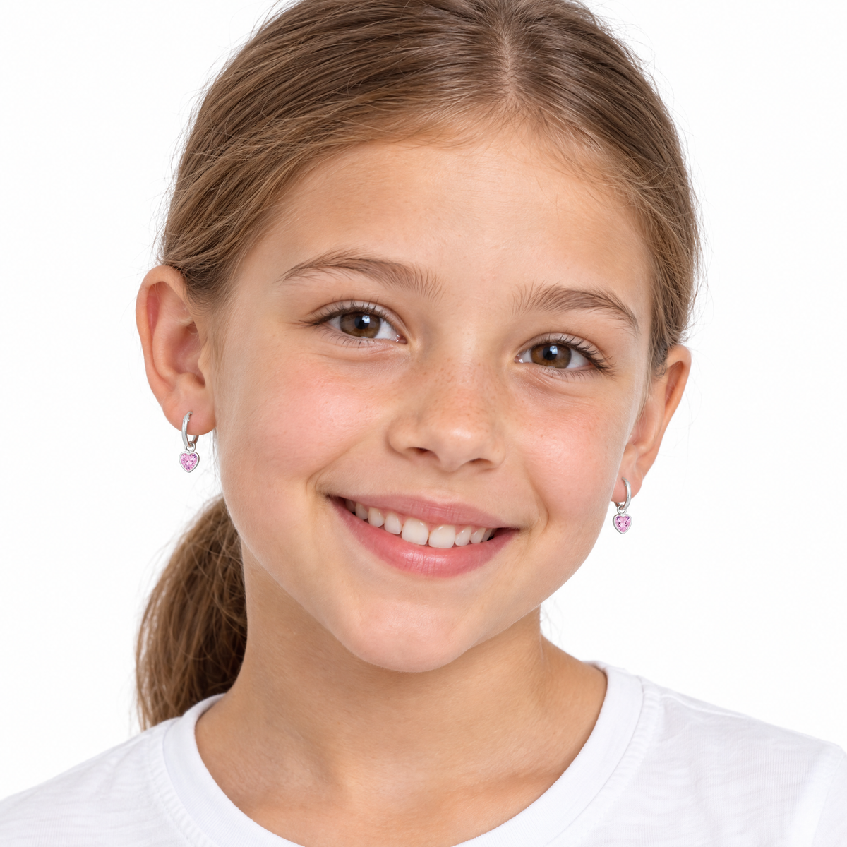 Girls Sterling Silver Pink Heart CZ Hoop Earrings - Melchior Jewellery