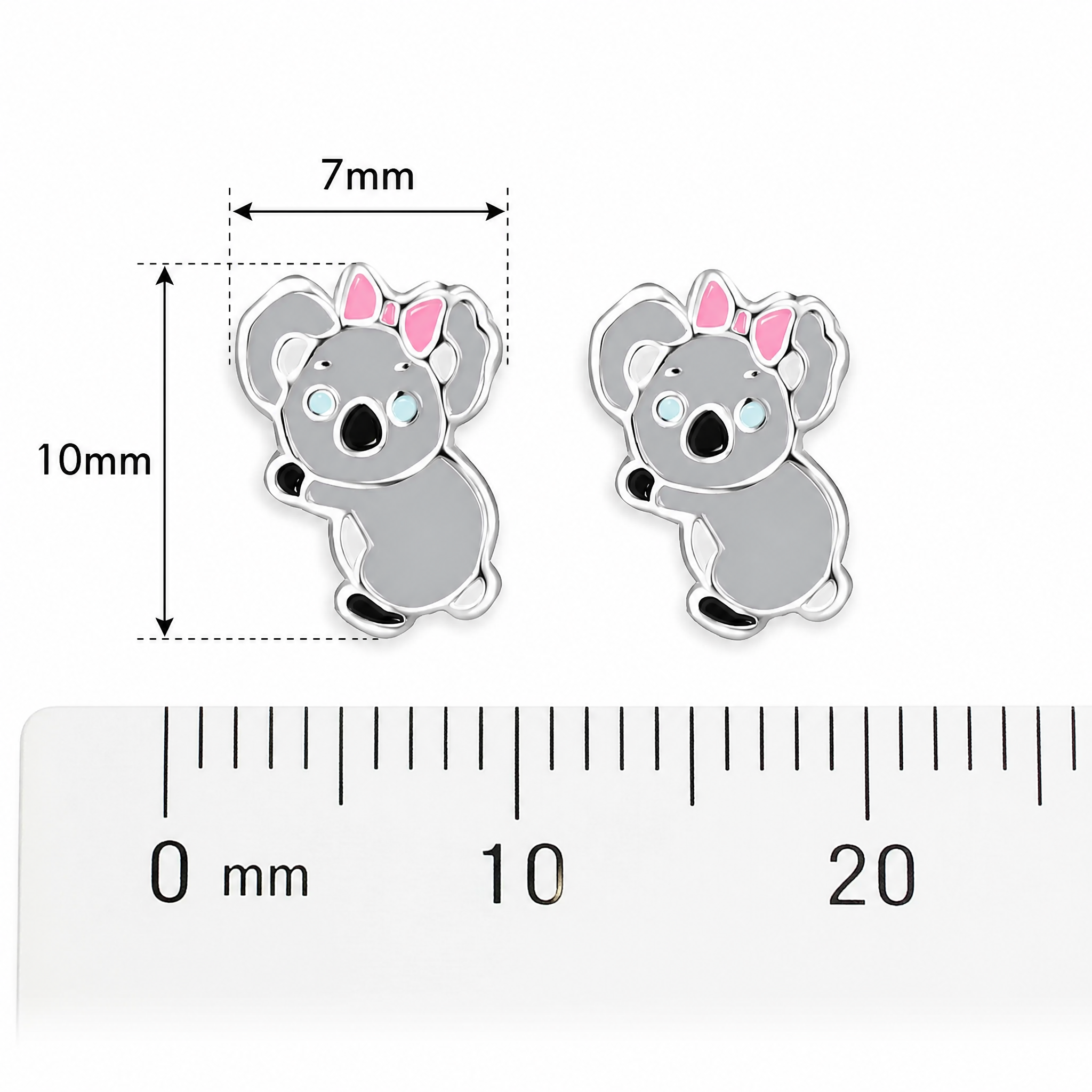 Sterling silver girls koala screw back earrings size guide showing 10mm x 7mm dimensions