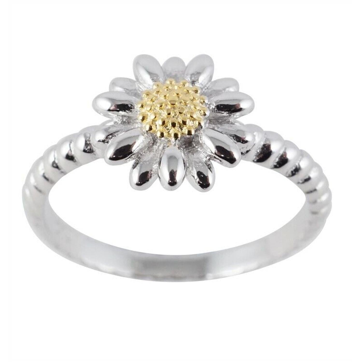 Sterling silver Silver Daisy Ring with gold tone centre and textured band by Melchior Jewellery