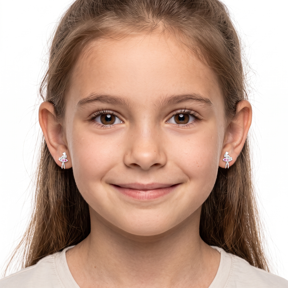 Sterling Silver Ballerina Crystal Stud Earrings for Children on young girl