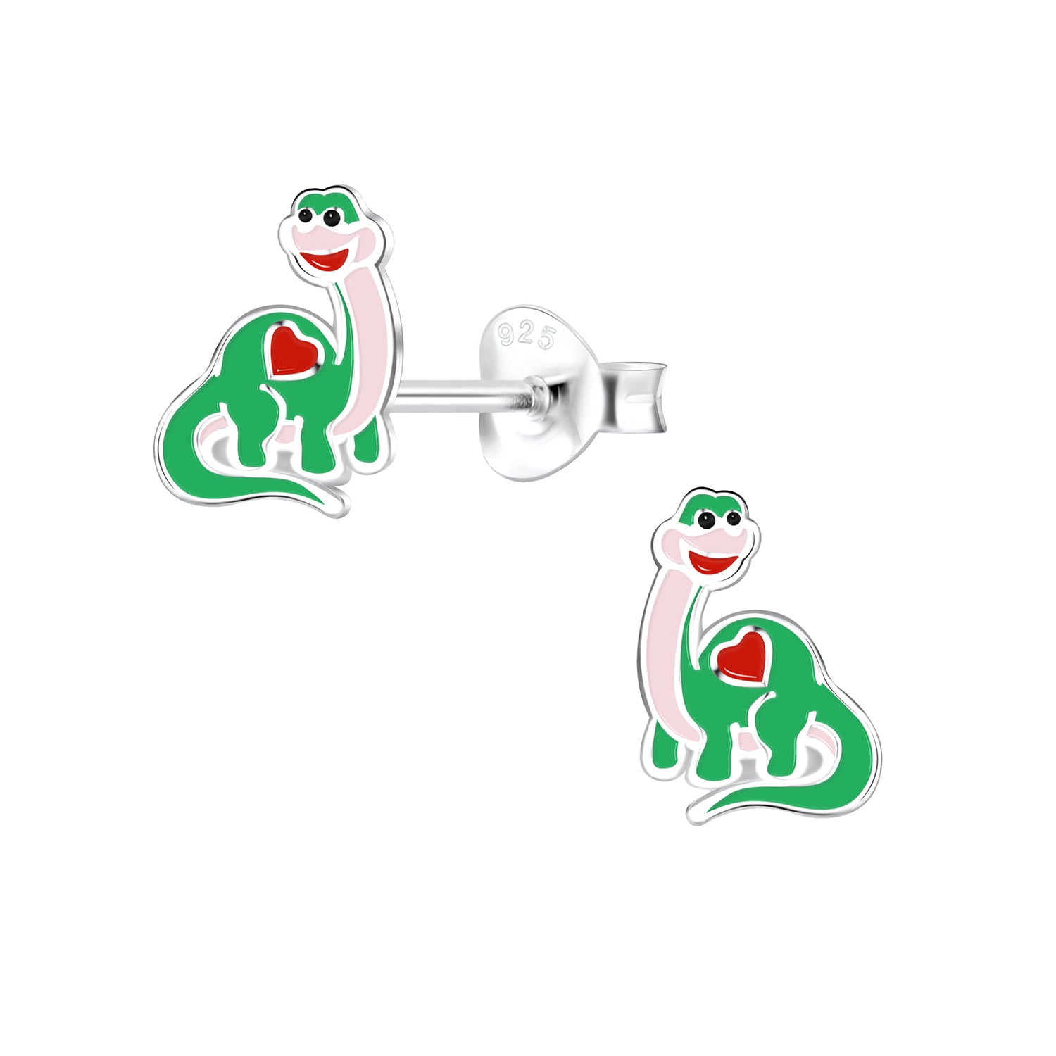 Melchior Jewellery green and pink dinosaur stud earrings with red heart detail in sterling silver