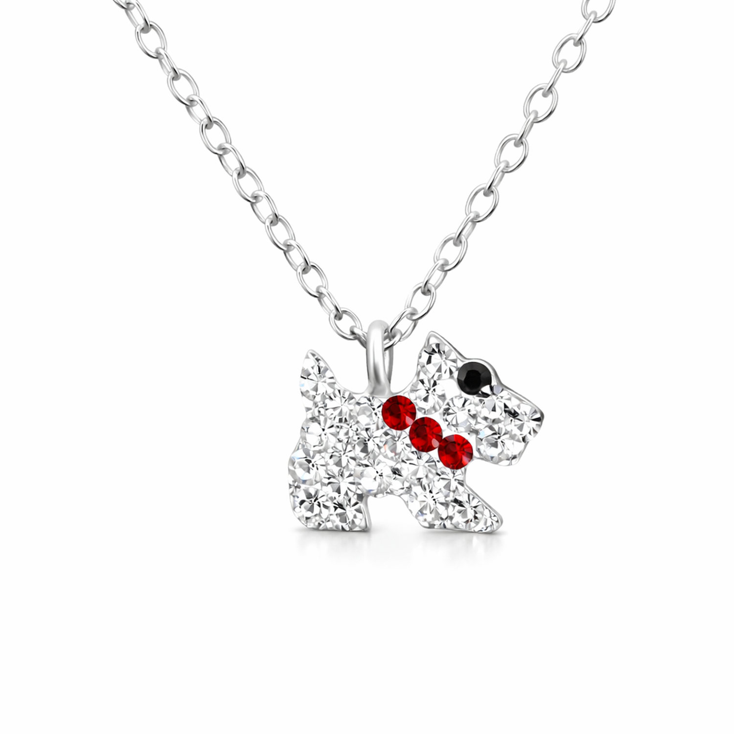 Melchior Jewellery kids crystal Scottie dog pendant necklace with red collar crystals on silver chain