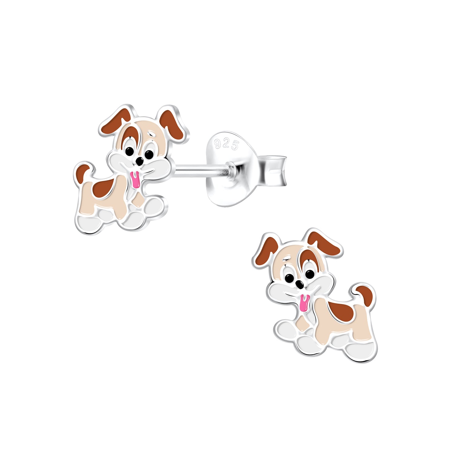 Melchior Jewellery silver dog earrings for girls featuring cute brown and beige puppy design with pink tongue