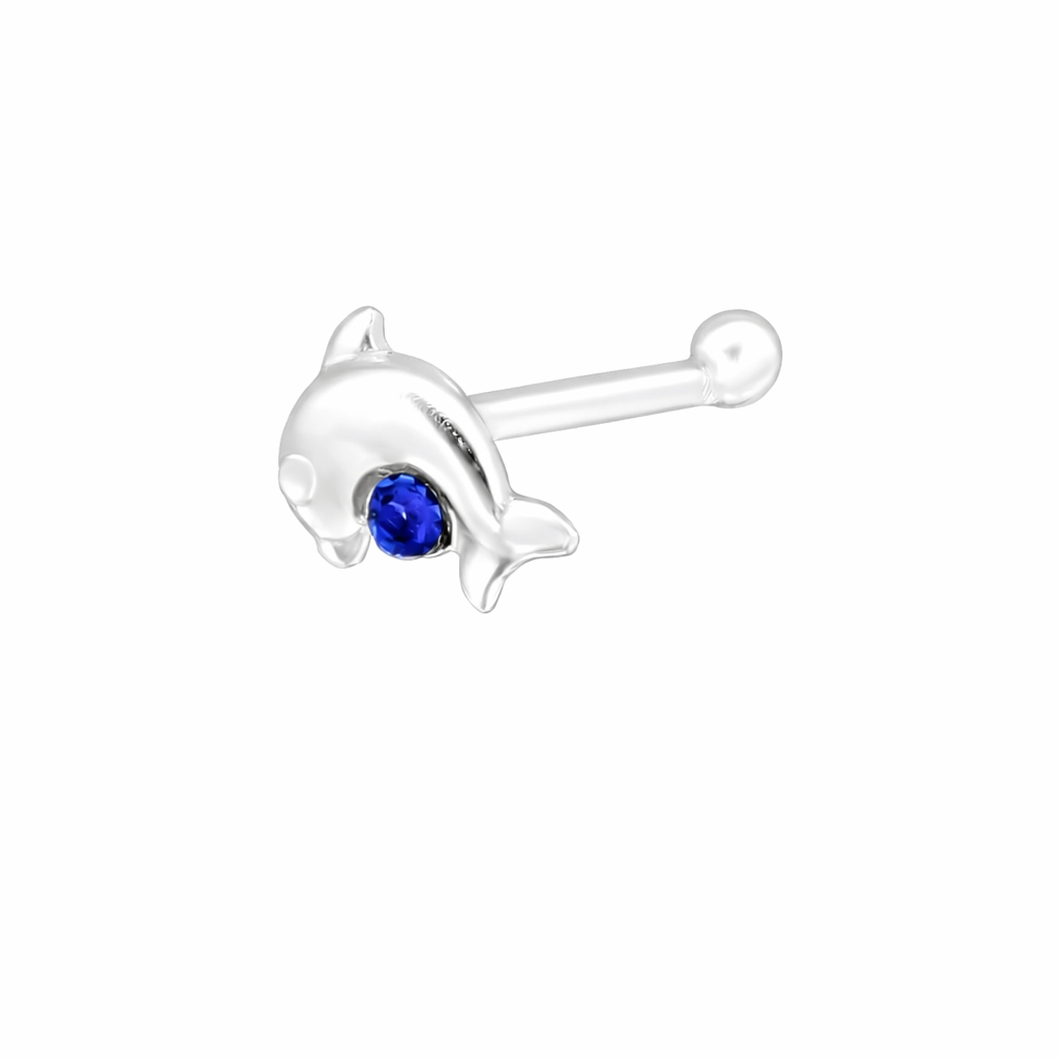 Sterling silver CZ dolphin nose stud with blue cubic zirconia for stylish body jewellery